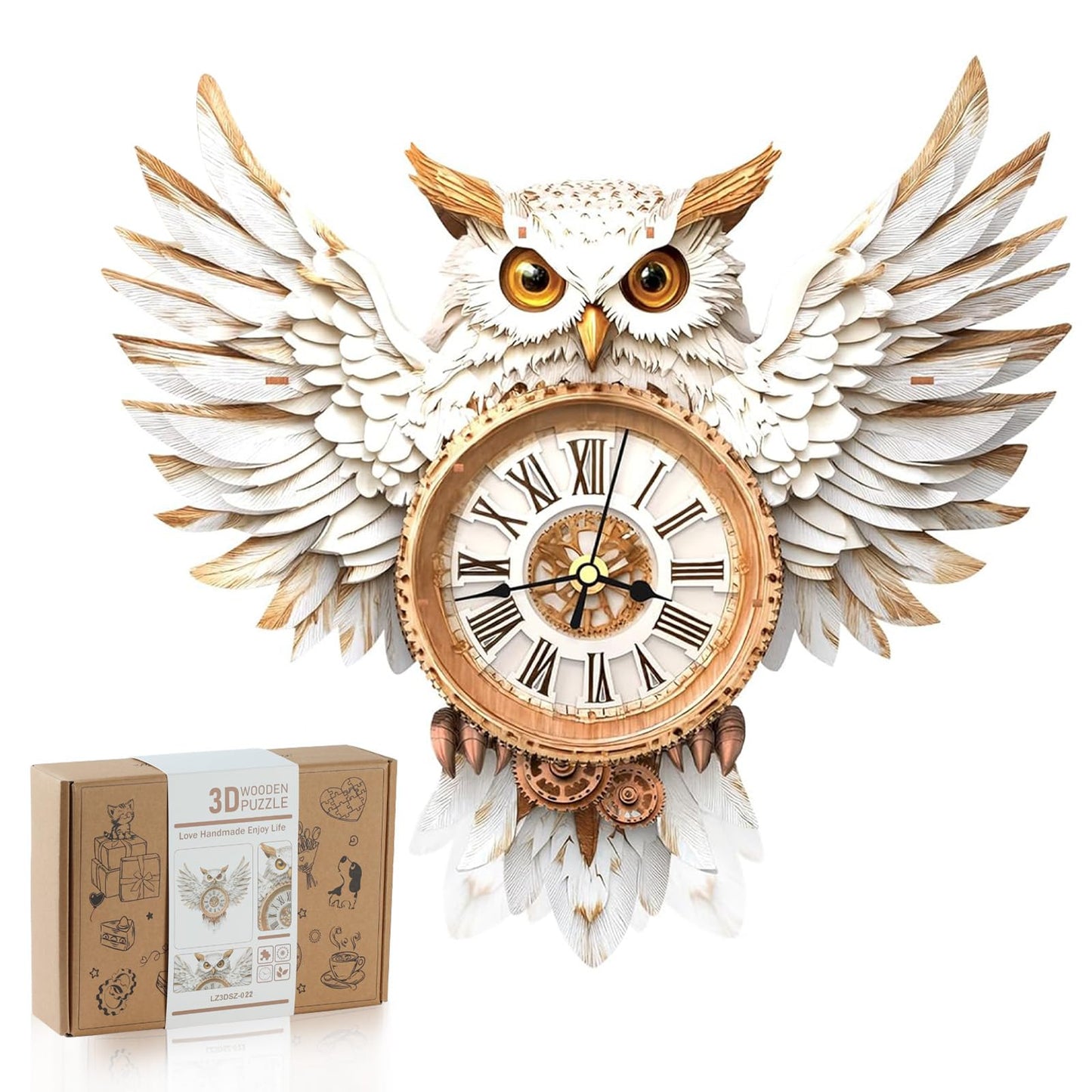 3D Wooden Puzzles for Adults Snowy Owl Design Clock Model Kit with Pendulum