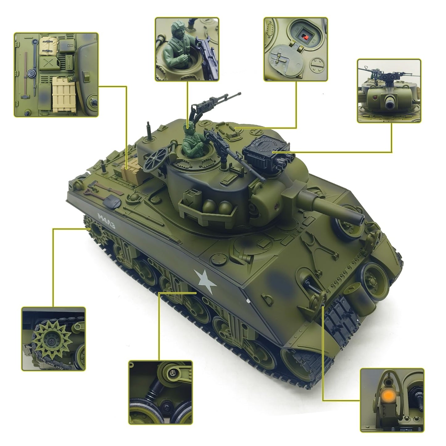 fisca Remote Control Tank, 2.4Ghz 15 Channel 1/20 Sherman M4A3 Main Battle RC Tank that Shoot BBS Airsoft for Kids Age 10 11 12-16 Year Old