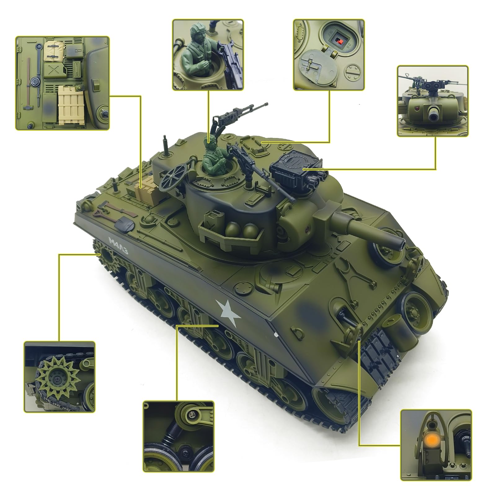 fisca Remote Control Tank, 2.4Ghz 15 Channel 1/20 Sherman M4A3 Main Battle RC Tank that Shoot BBS Airsoft for Kids Age 10 11 12-16 Year Old