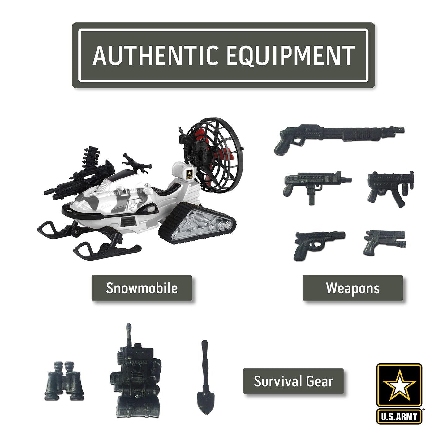 Lollipop United States Army Action Figures & Kids Snowmobile Military Toys Set w/ Snow Mobile, Soldier, Weaponry & Play Vehicle Accessories, 3+