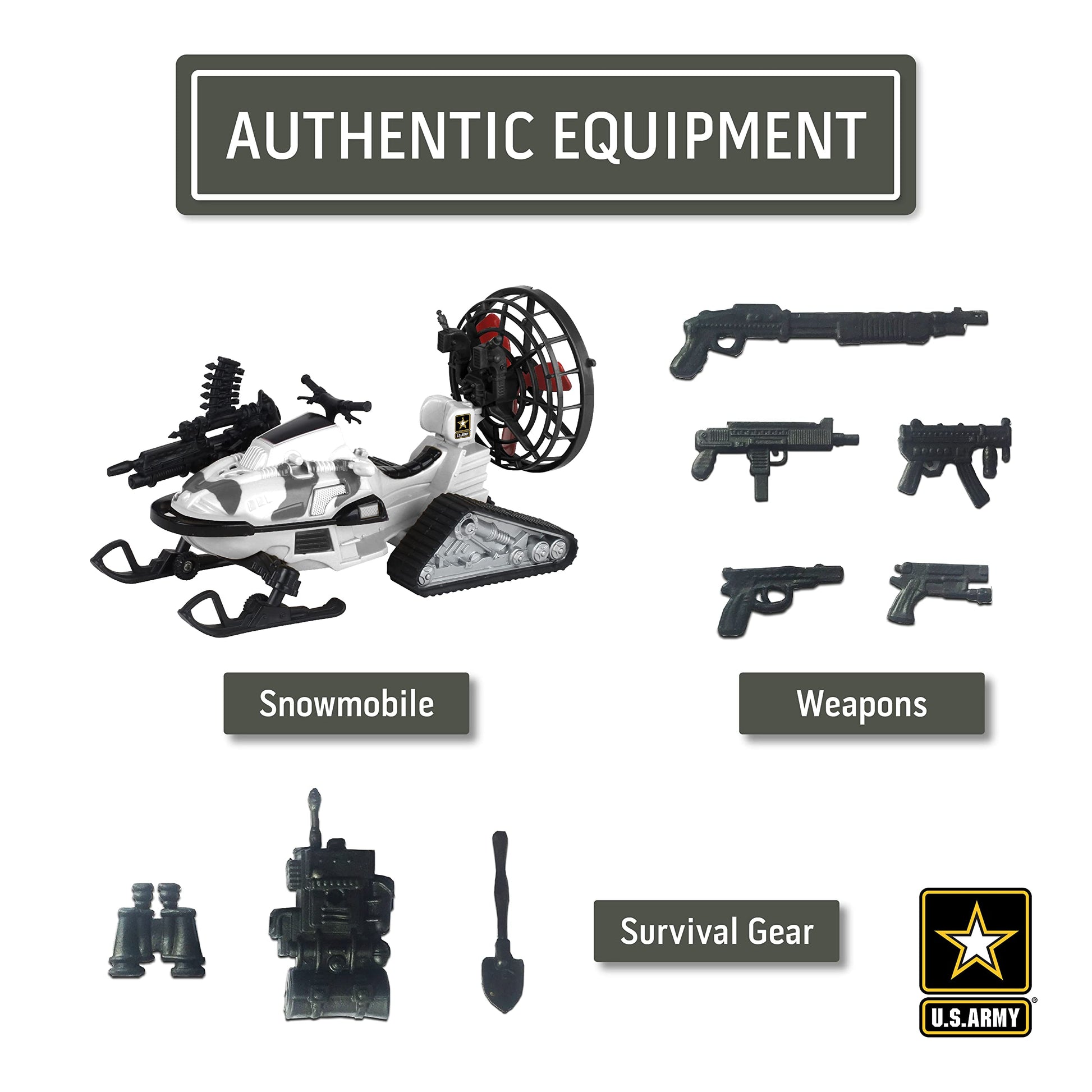 Lollipop United States Army Action Figures & Kids Snowmobile Military Toys Set w/ Snow Mobile, Soldier, Weaponry & Play Vehicle Accessories, 3+