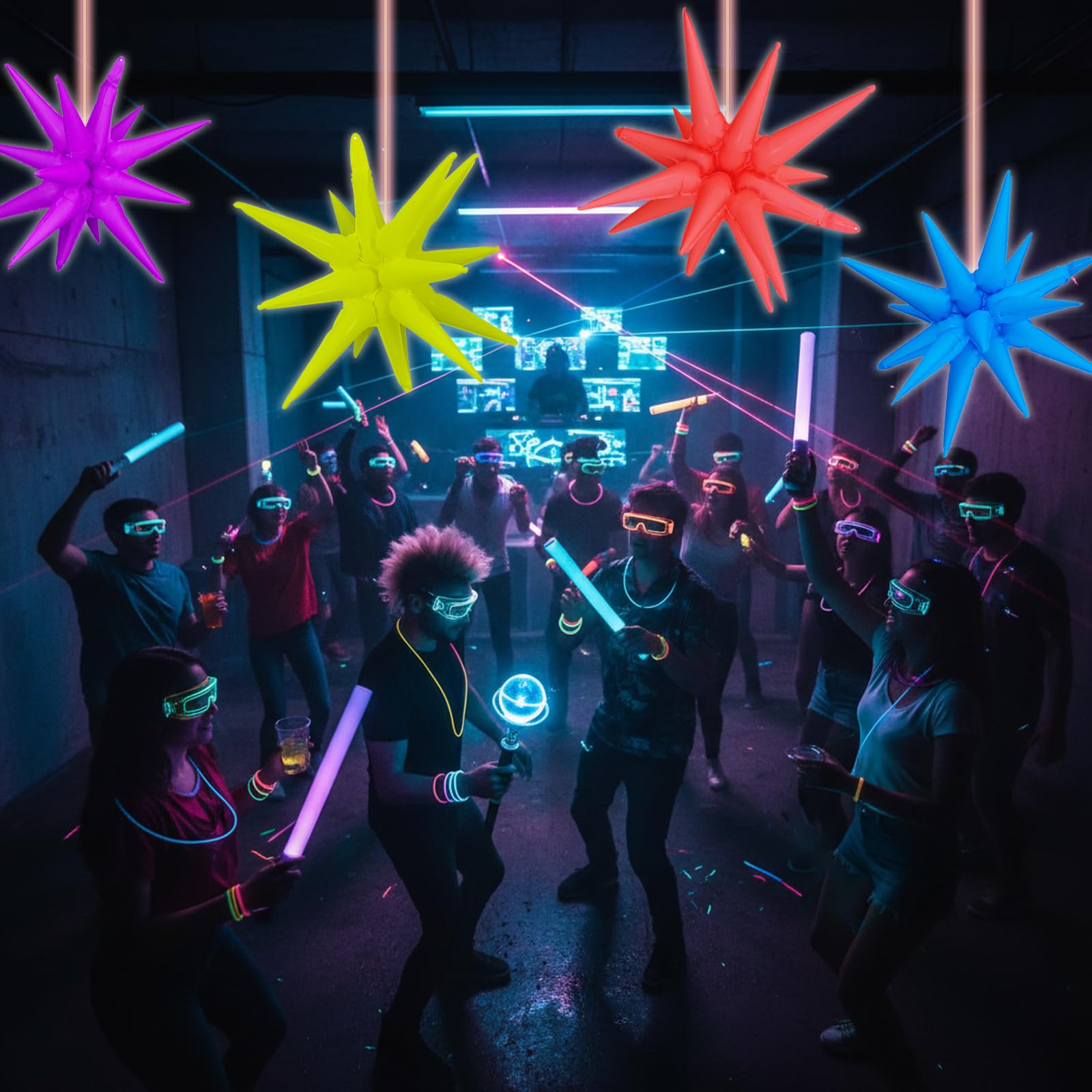 14PCS Glow in The Dark Neon Star Balloons Kit 7 Colors 27in Party