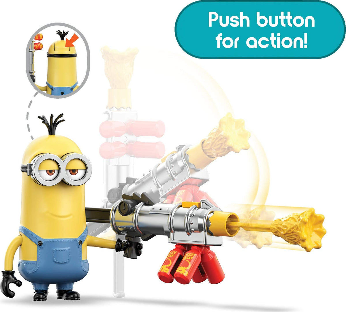 Minions: The Rise of Gru Cheese Blaster Kevin Action Figure Approx 4-in, Movie Character Toy with Blaster & Dual Button-Activated Motion, Gift for