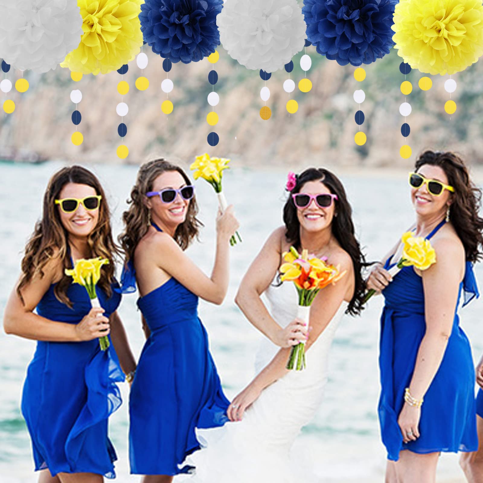 Navy-Blue White-Yellow Graduation Party Decorations - 23pcs Tissue Pom Poms Streamers,Birthday Tassel Garland Banner,Wedding Engagement Baby Bridal