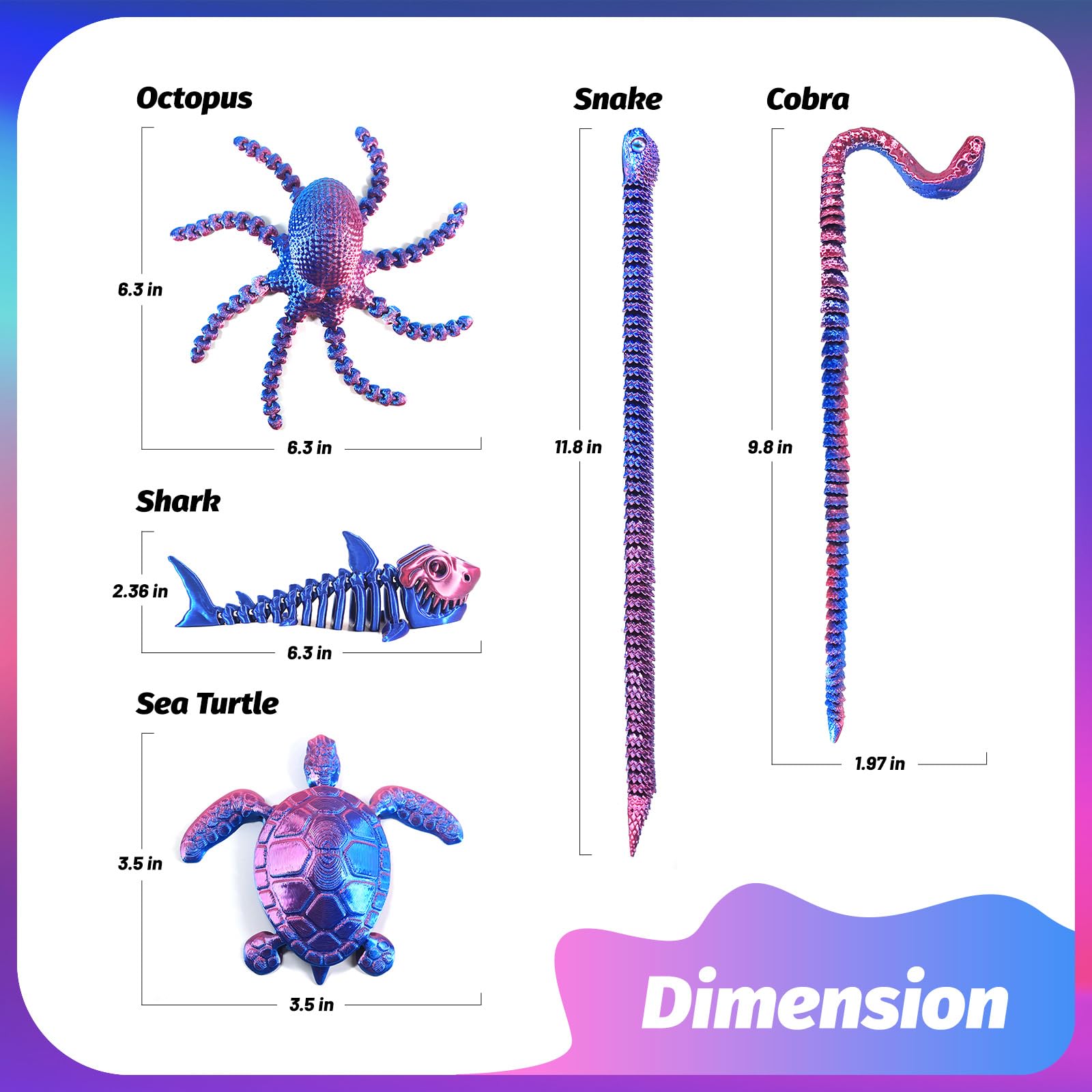 9PCS 3D Printed Dragon 3D Printed Animals Include 3D Printed Snake, Dinosaur, Octopus, Sharks, Turtle, Cobra and 3 Style Dragons, 3D Printed Toys