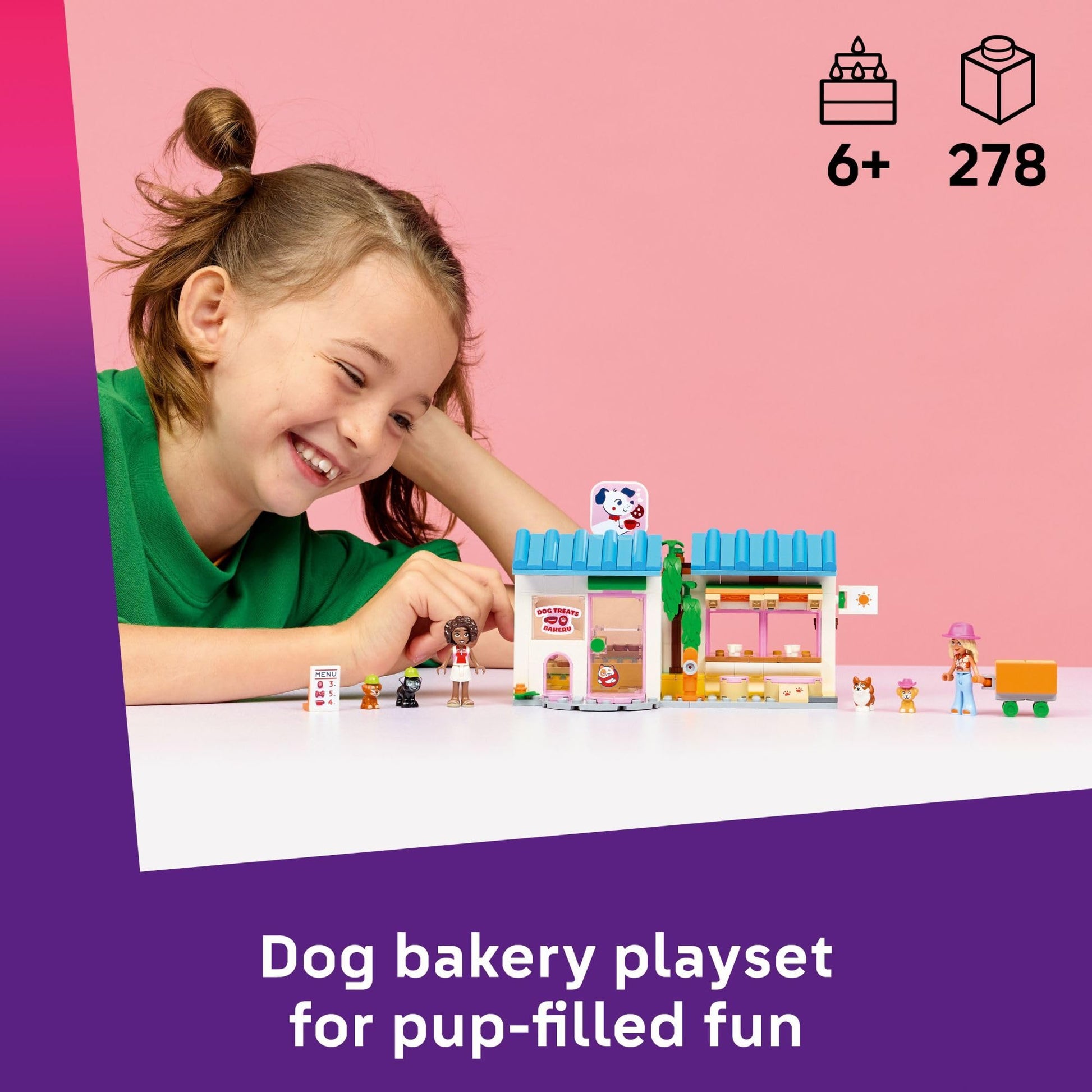 LEGO Friends Dog Treats Bakery Building Toy for Girls & Boys - Pretend Play Set for Kids, Ages 6+ - W/Aliya & Sage Minidolls, 2 Toy Dog Figures