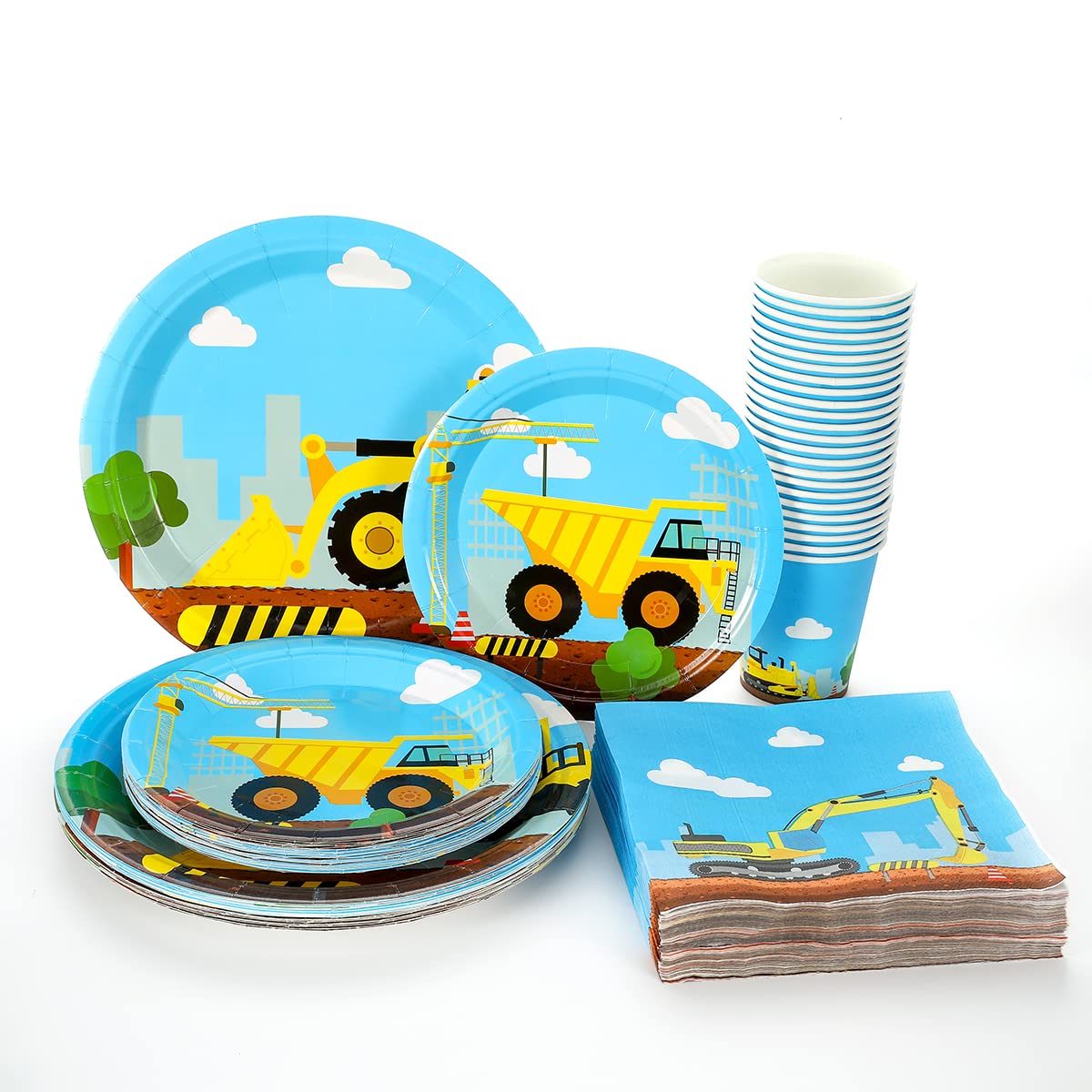 Construction Birthday Party Supplies Set 97 Pieces For Kids- Serves 24 Guest-Digger Truck Party Tableware Kit - Including Dump Truck Plates, Cups