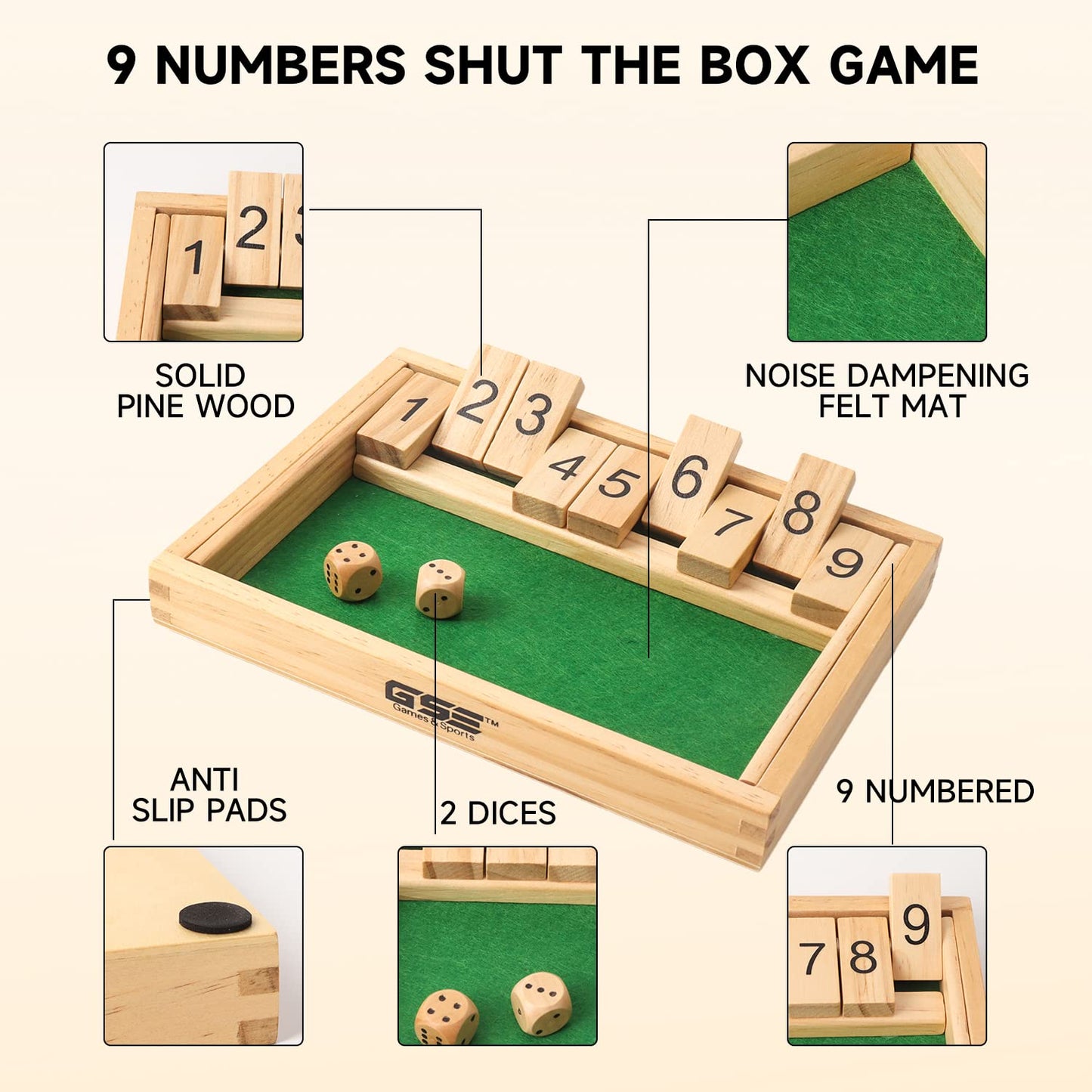 GSE Games & Sports Expert Wooden Shut The Box 9 Number Spots Dice Game Board with 2 Wooden Dice, Classic Tabletop Game Version of The Popular English