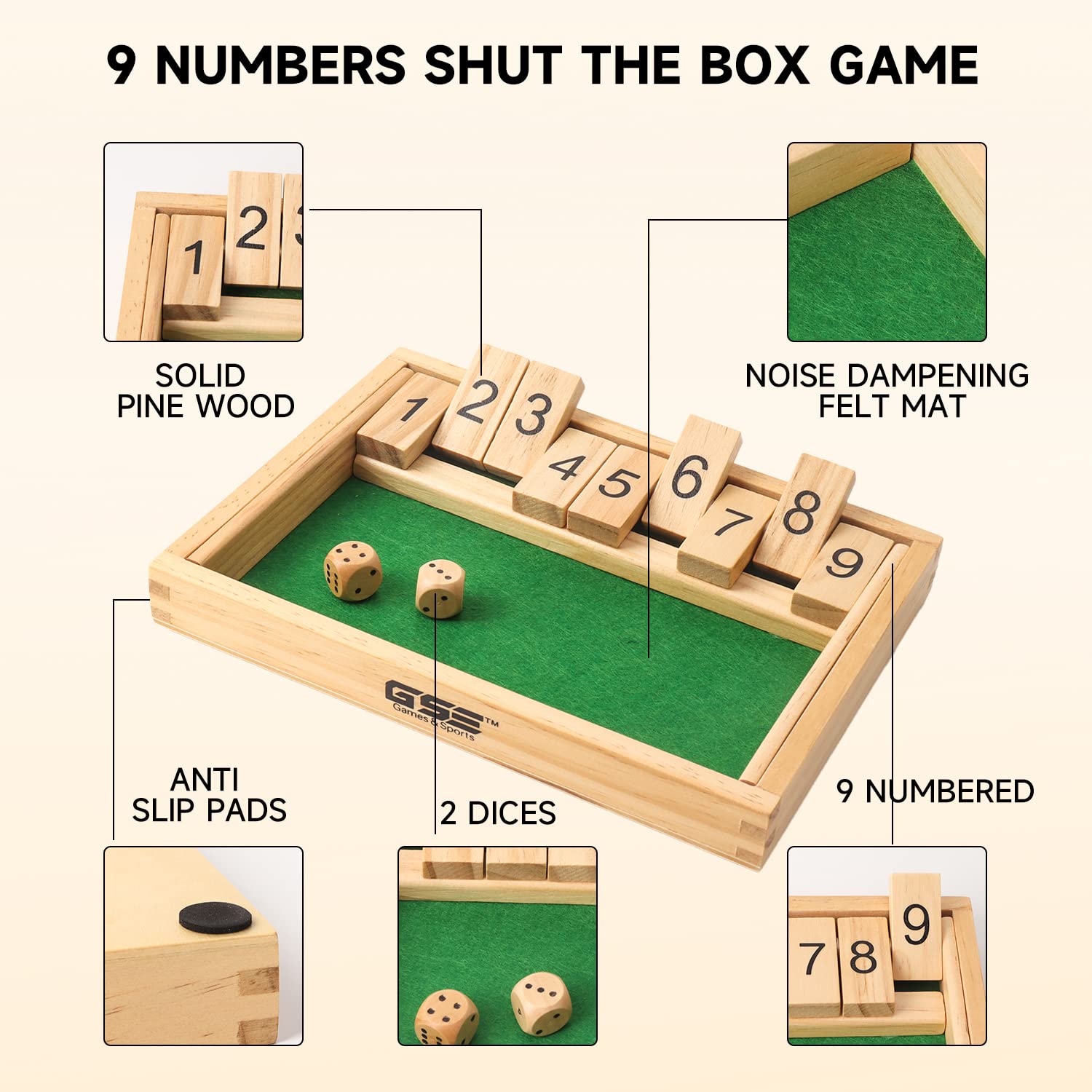 GSE Games & Sports Expert Wooden Shut The Box 9 Number Spots Dice Game Board with 2 Wooden Dice, Classic Tabletop Game Version of The Popular English
