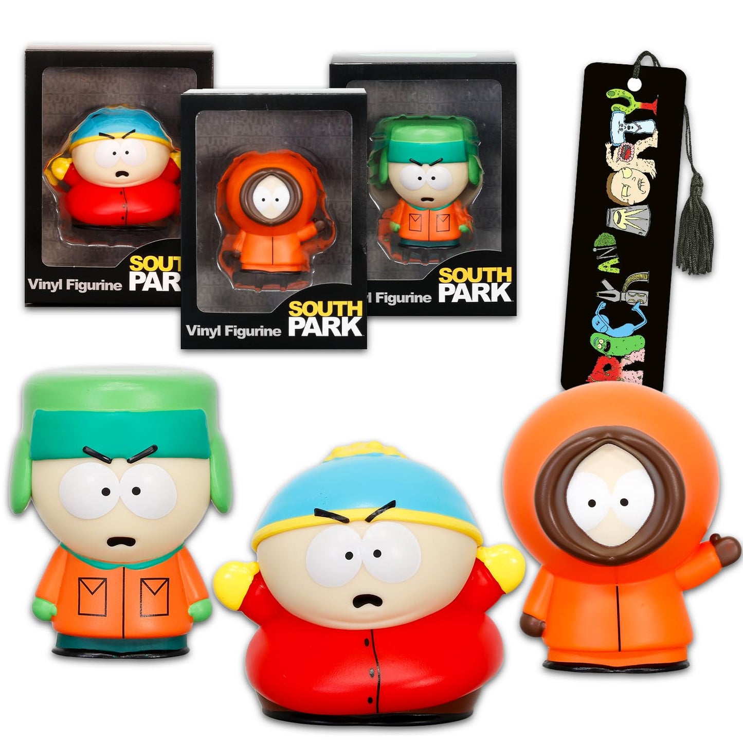South Park Vinyl Figurine Set for Teens and Adults - Bundle 3-Pack Collectible 3" Figures, Bookmark | South Park Figurines for Men, Women (Styles Will