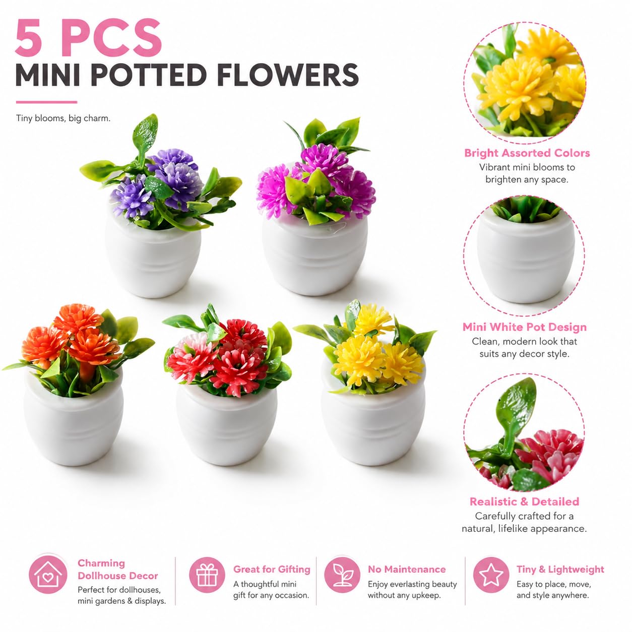5Pcs Miniature Dollhouse Flowers, Artificial Potted Plants, Fairy Garden Decor for Home, Office, Wedding Centerpiece Decoration