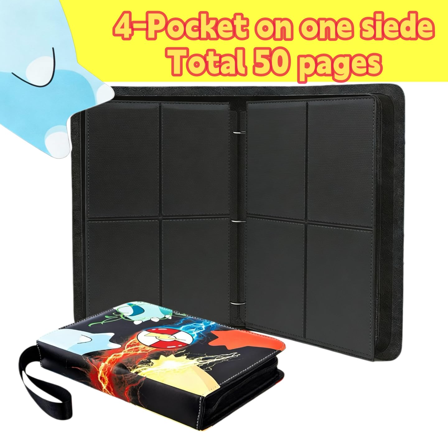 Card Binder 4 Pocket with Zipper, Trading Card Holder 50 Removable Sleeves - Holds 400 Cards, 3-Ring Album Case for Sports & Game Cards, Gift for Boys