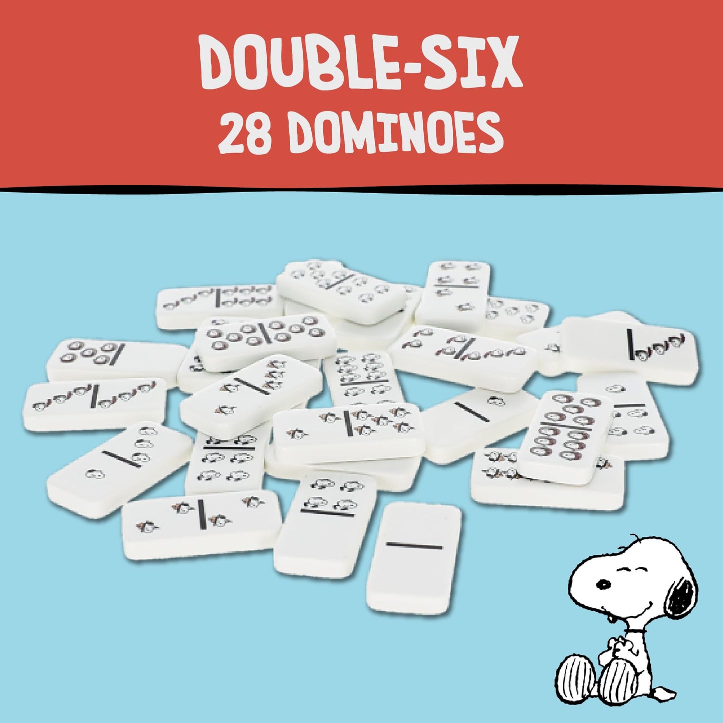 AQUARIUS Peanuts Family Double 6 Dominoes Game - Snoopy & Friends Classic Domino Set for Kids and Adults - 28 Durable Tiles, Officially Licensed