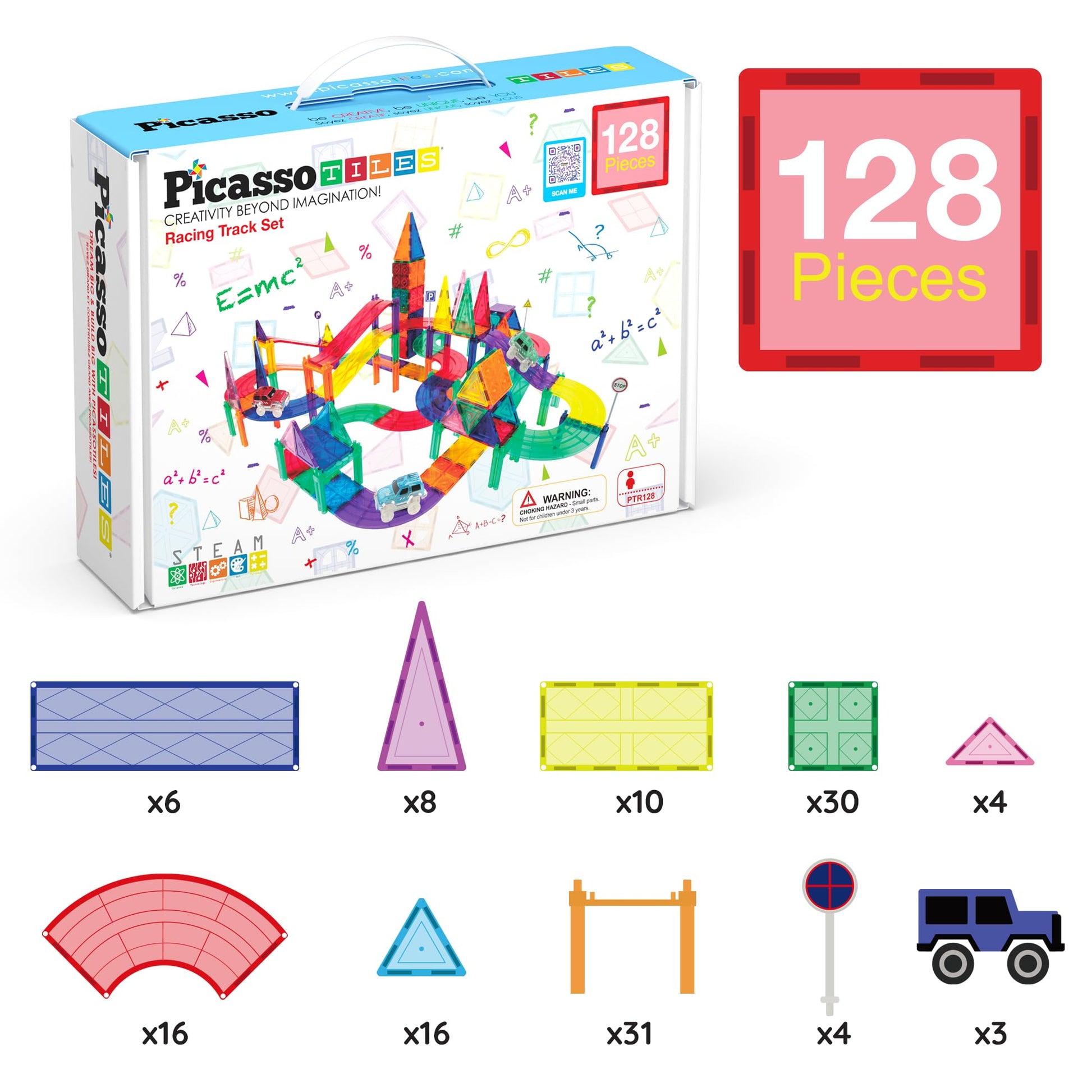 PicassoTiles 128pcs Magnetic Race Car Track Building Block Educational Toy Set Tiles Magnet Playset 3 LED Car STEM Learning Construction Kit Fine