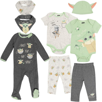 STAR WARS The Mandalorian The Child Infant Baby Boys Bodysuits Sleep N' Play Pants Hat and Bibs 8 Piece Outfit Set 12 Months