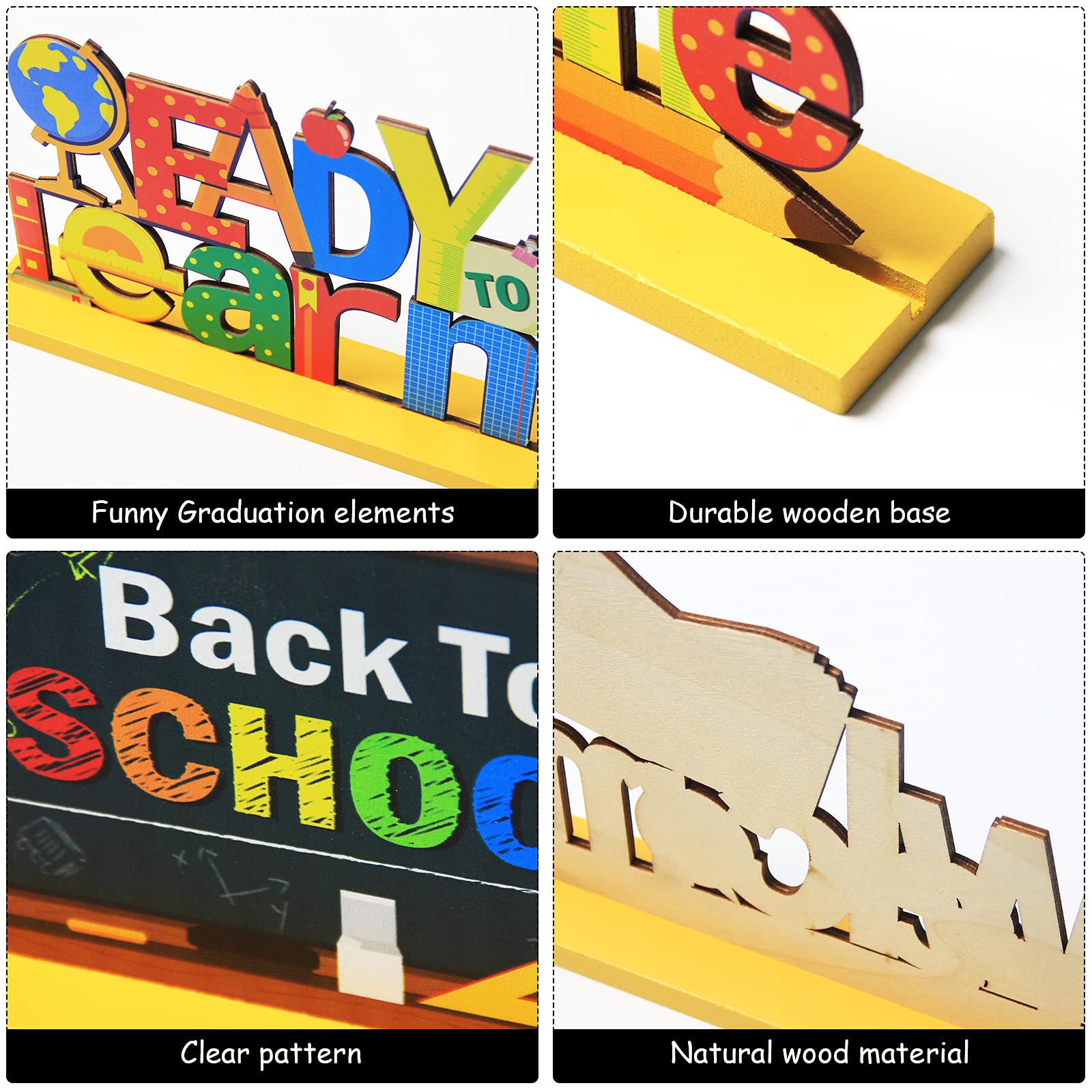 4 Pieces Back to School Party Decorations Wooden First of School Centerpieces Ready to Learn Table Toppers for School Classroom Home Teacher Party