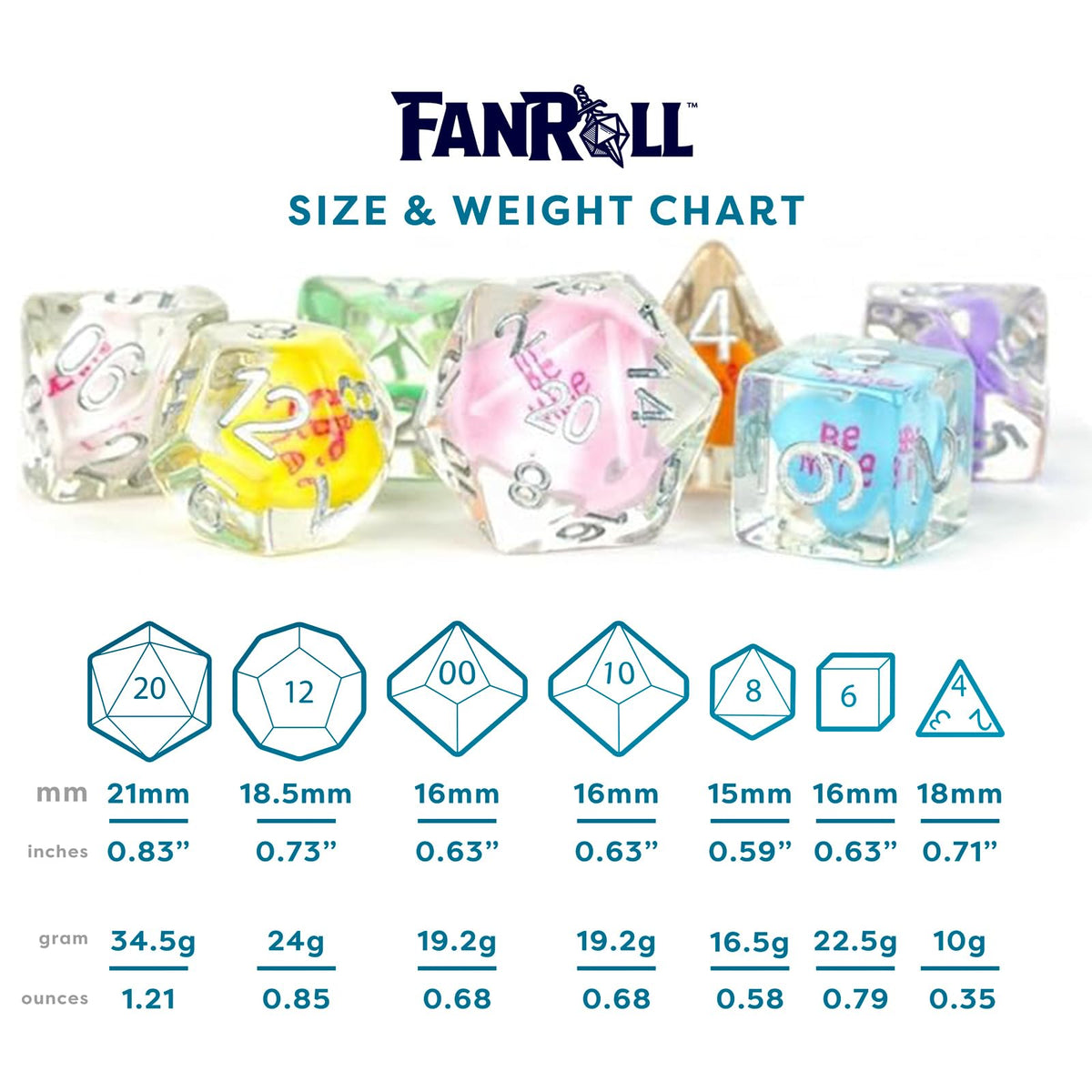 FanRoll 16mm Resin Poly DND Dice Set: Love Dice, Role Playing Game Dice for Dungeons and Dragons