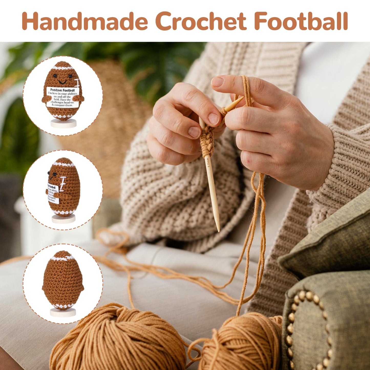 Wewounyl Positive Crochet Football Cute Handmade for Office Party Decorations or Graduation Birthday Teacher Appreciation, Emotional Support Crochet