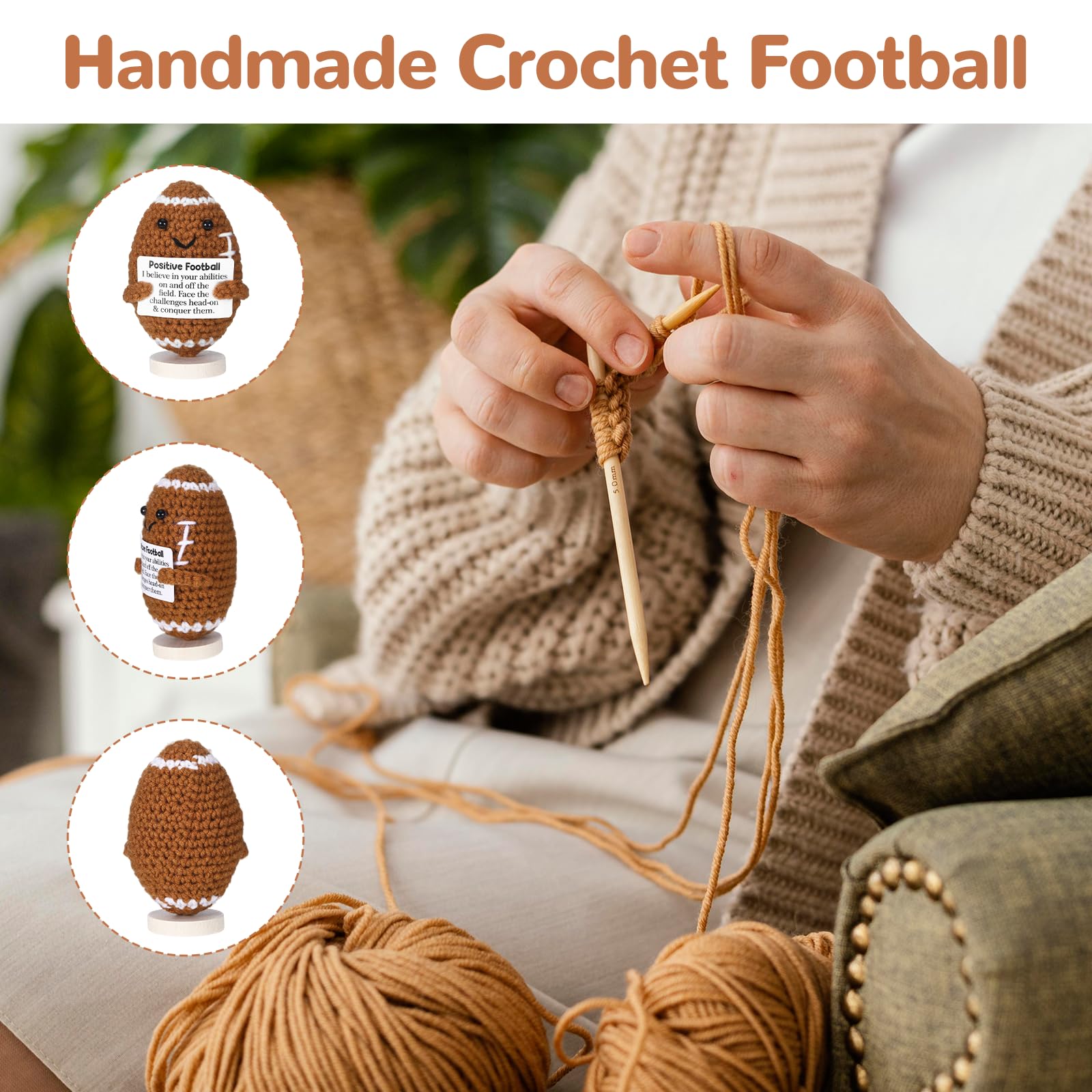 Wewounyl Positive Crochet Football Cute Handmade for Office Party Decorations or Graduation Birthday Teacher Appreciation, Emotional Support Crochet