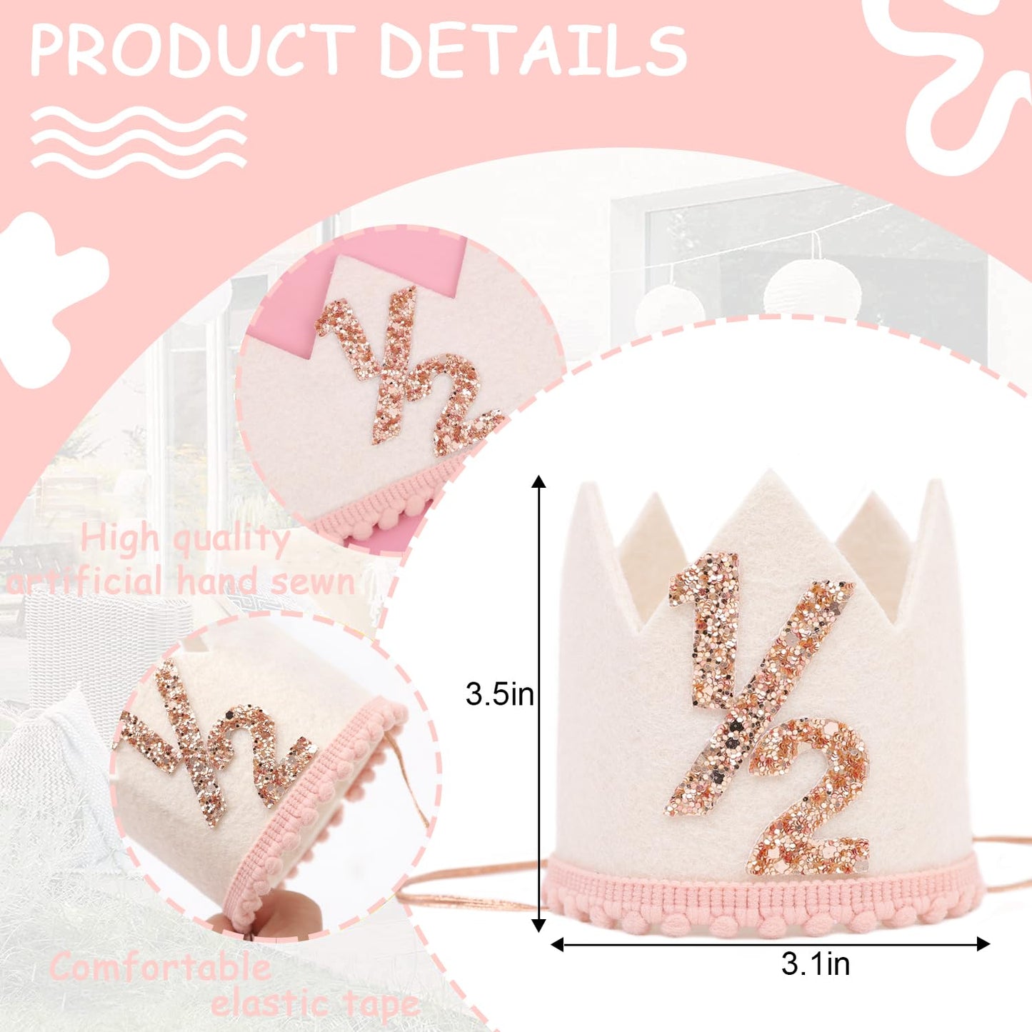 Jissoo White 1/2 Birthday Crown - 6 Months Birthday Decorations,Little Princess Crown For Cake Smash,Sweet Half Hat Photo Props,Light Pink 1/2 Way