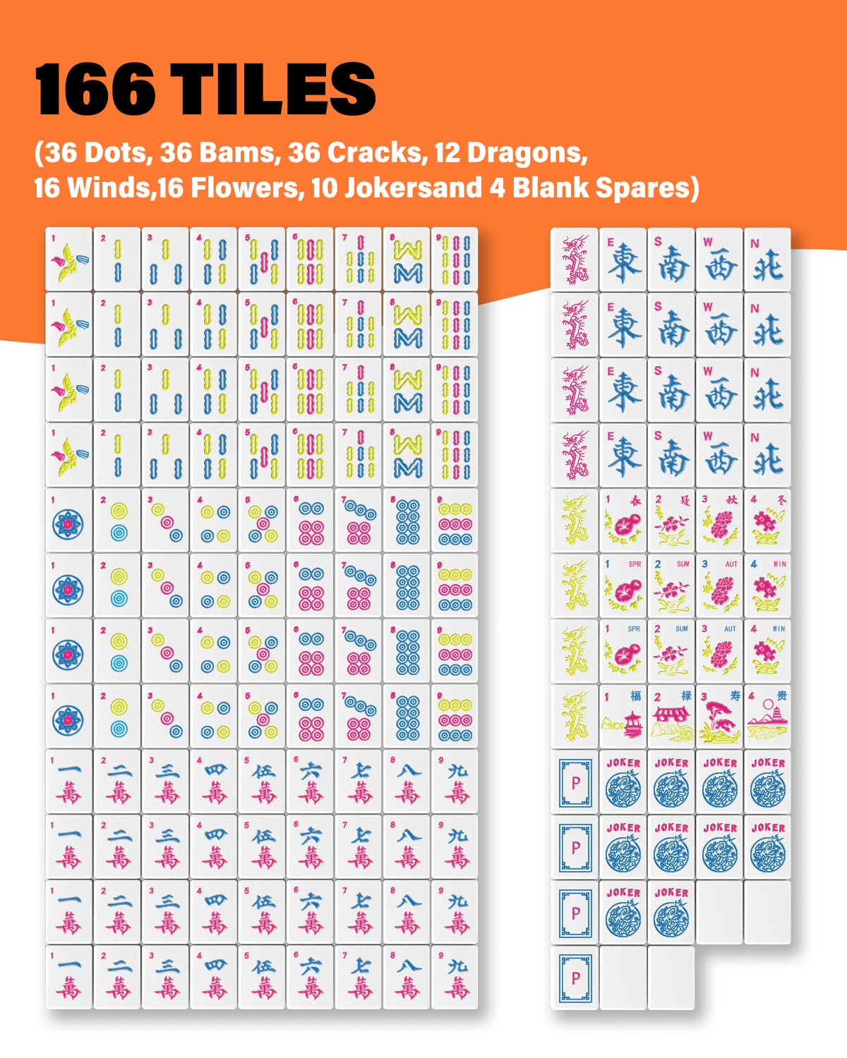 1.2" American Mahjong Tile Set, 166 Tiles + 4 Dice, Mahjong Tiles Only