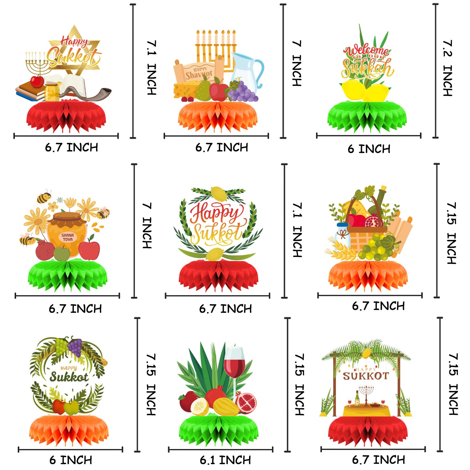LOONELO 9 Pcs Happy Sukkot Honeycomb Centerpieces, Sukkot Table Decorations Table Toppers Party Decorations for Jewish Holiday Celebration Festival