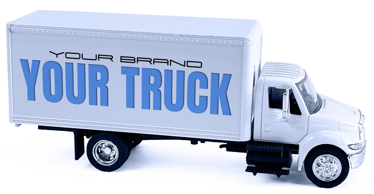 Shop72 Toys, Customize Diecast Trucks as Gifts for Truckers Friends or Employees. Customize Replica of International 4200 Box Truck with Your Logo