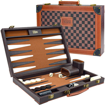 Backgammon Sets for Adults, 15 Inch PU Leather Backgammon Set, Portable Travel Backgammon Board Game, Classic Strategy Checkerboard Design Backgammon