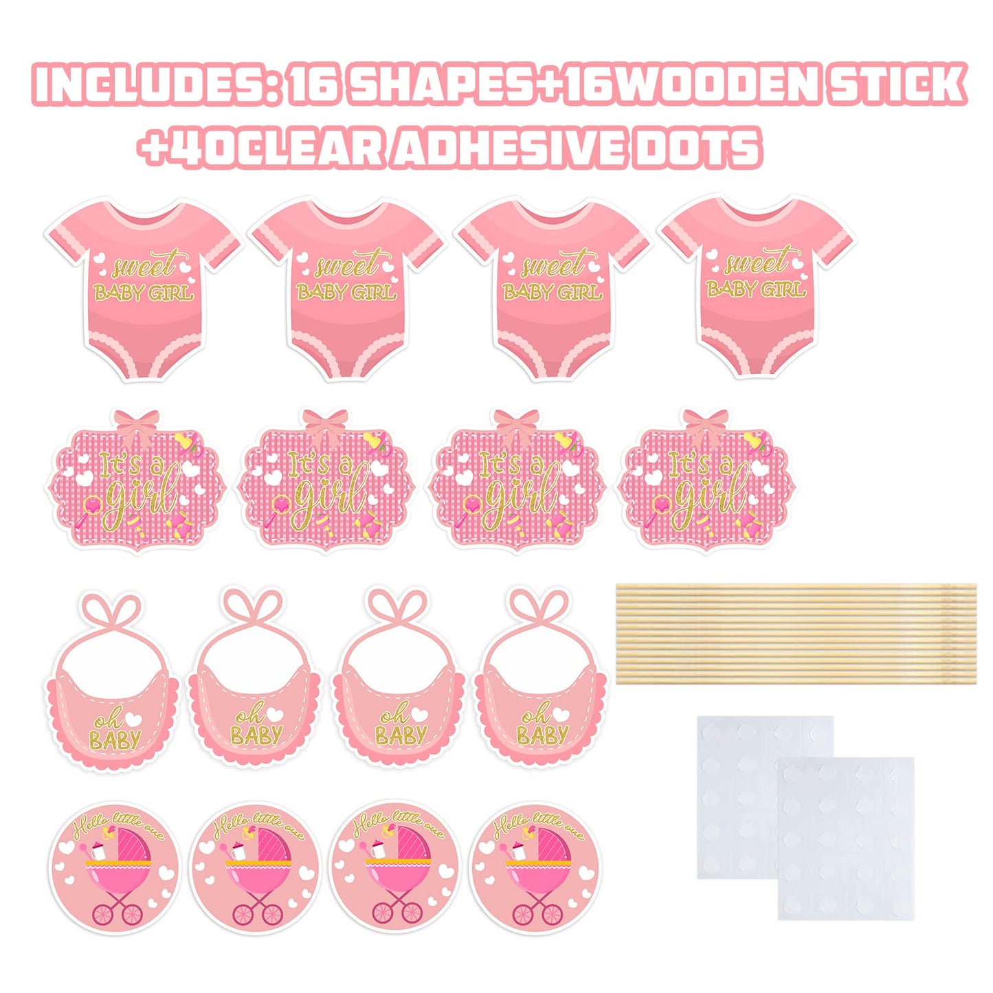 It’s a Girl Centerpiece Sticks, Sweet Pink Gender Reveal Party Decorations - Baby Shower Party Decor - Home Decorations Supplies - 16PCS