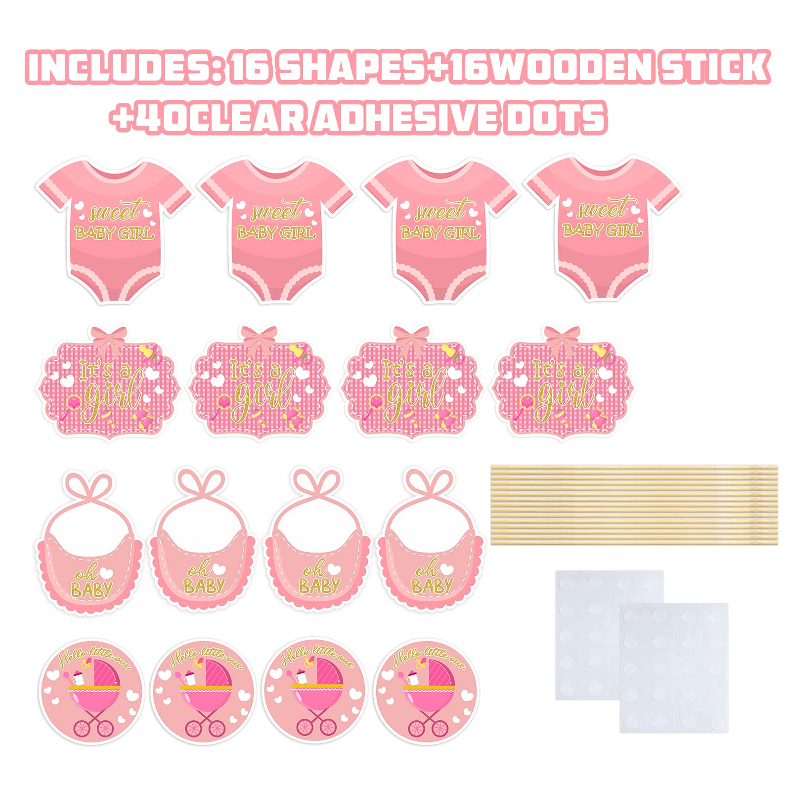 It’s a Girl Centerpiece Sticks, Sweet Pink Gender Reveal Party Decorations - Baby Shower Party Decor - Home Decorations Supplies - 16PCS