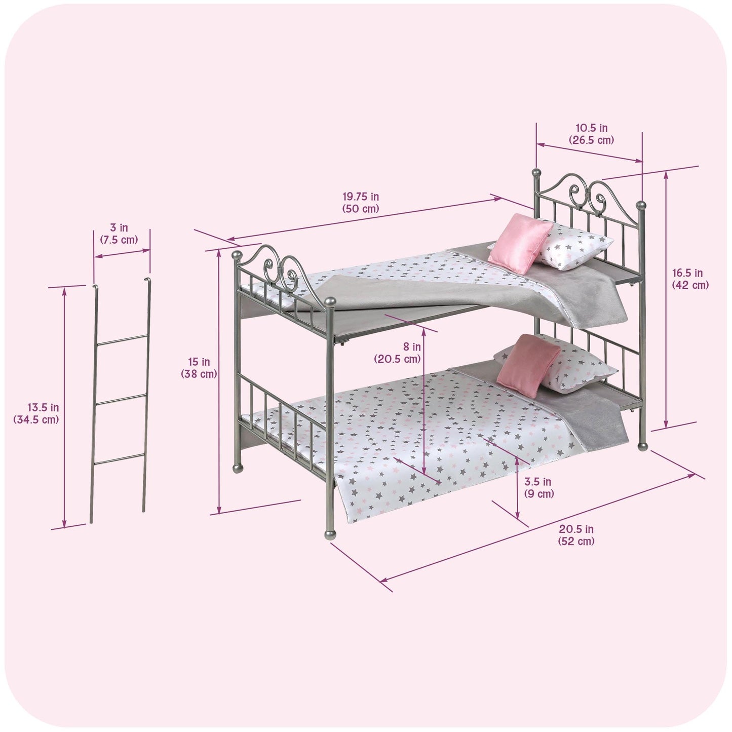 Badger Basket Metal Doll Bunk Bed - Scrollwork Frame with Ladder, Reversible Bedding and Pillows - Fits 18 Inch Girl Doll Furniture - Silver and Pink