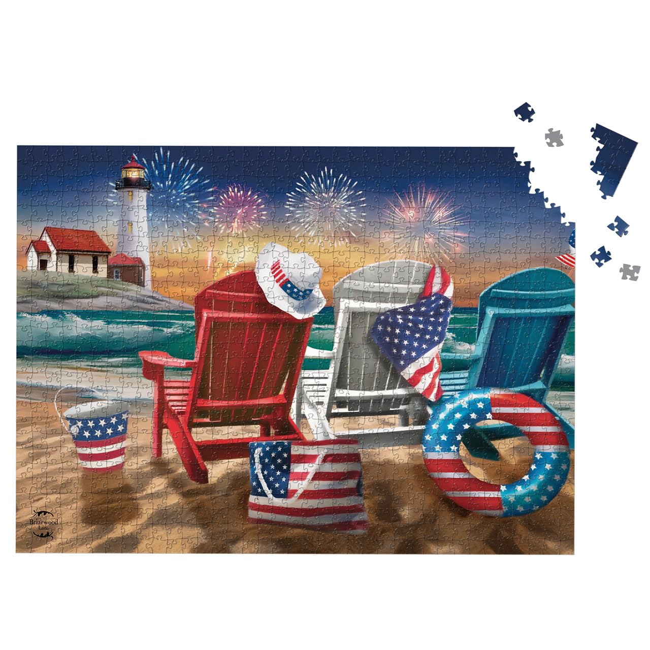 Briarwood Lane 4th of July Jigsaw Puzzle 1000 Pieces Adult Finished Size 29.5x19.68 Beachfront Fireworks Summer Puzzle for Game Night