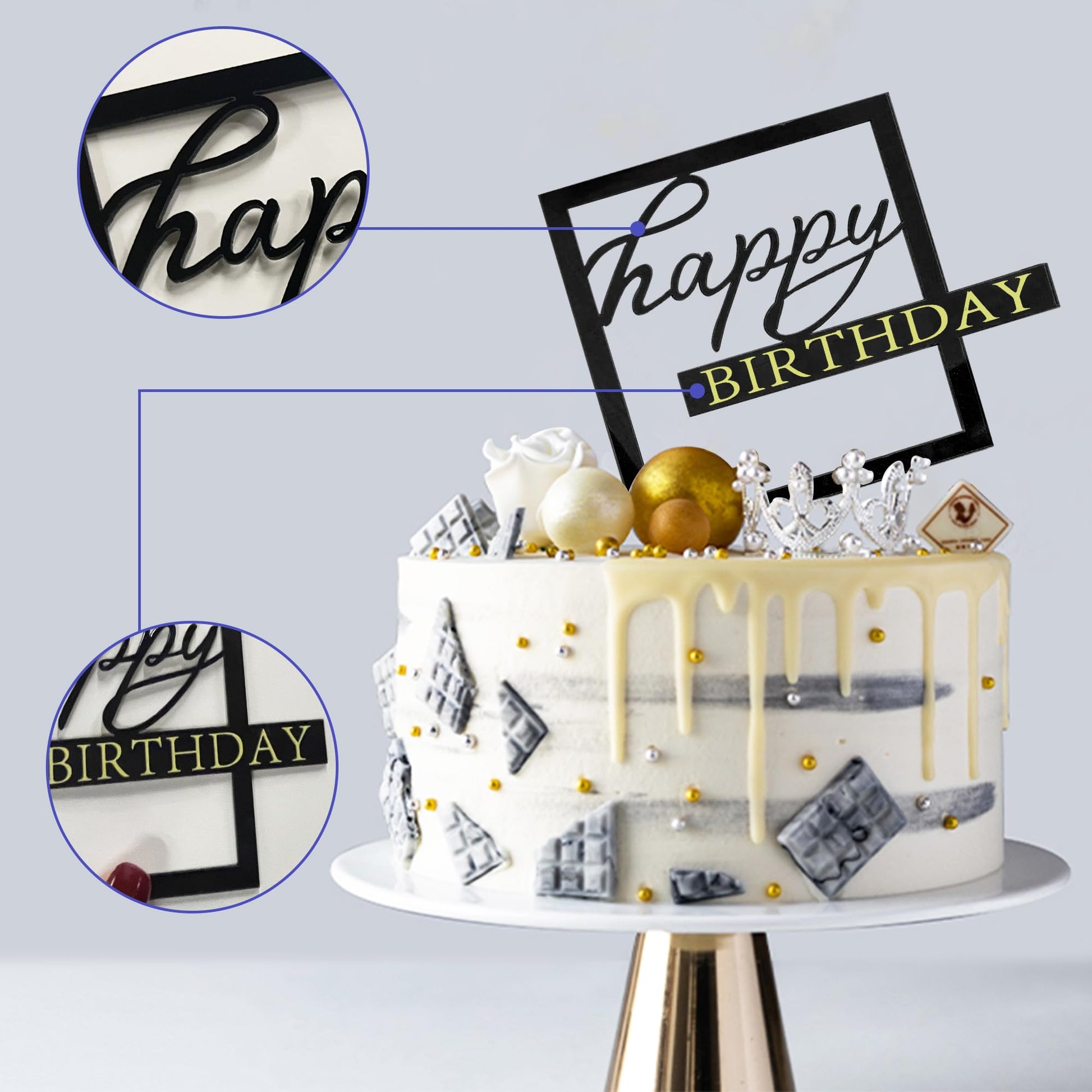 10 PCS Silver Happy Birthday Acrylic Cake Toppers Mirrored Side Cake Decorations Inserts 10 Styles (Black)