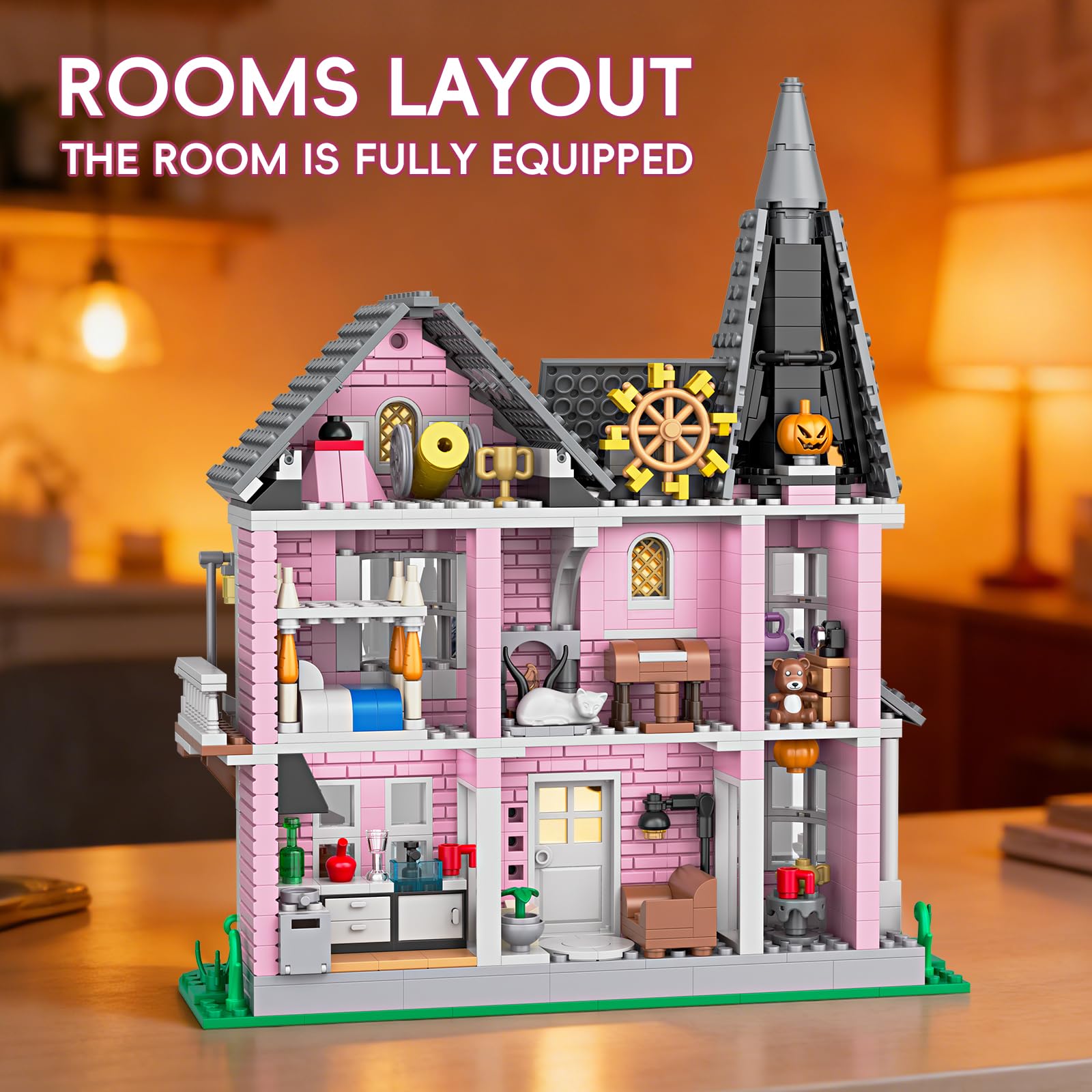 Myth Qholve Pink Palace Apartment Building Set Halloween Haunted House Blocks Detailed Castle House Model with Classic European Style Detailed