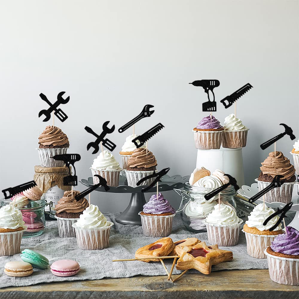24PCS Tools Cupcake Topper?Wrench Hammer Drill Pliers Handsaw Tape Measure Screwdriver Construction Tools Cake Decorating?Boys Men Birthday Cake