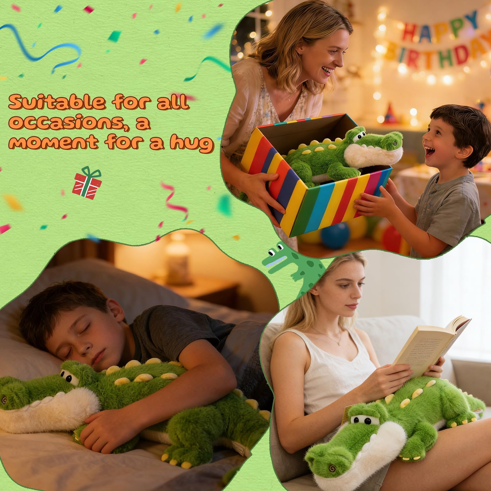 TITQWOP Alligator Stuffed Animal Plush Toy, Lying Flat Crocodile Hugging Pillow, Soft Long Plush for Kids & Adults, Cute Green Alligator Plush