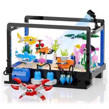Tenhorses Fish Tank Building Block Set, Lighting Aquarium Sets Including Marine Life, a Submarine and a Treasure Chest, Building Block Toy for 6+