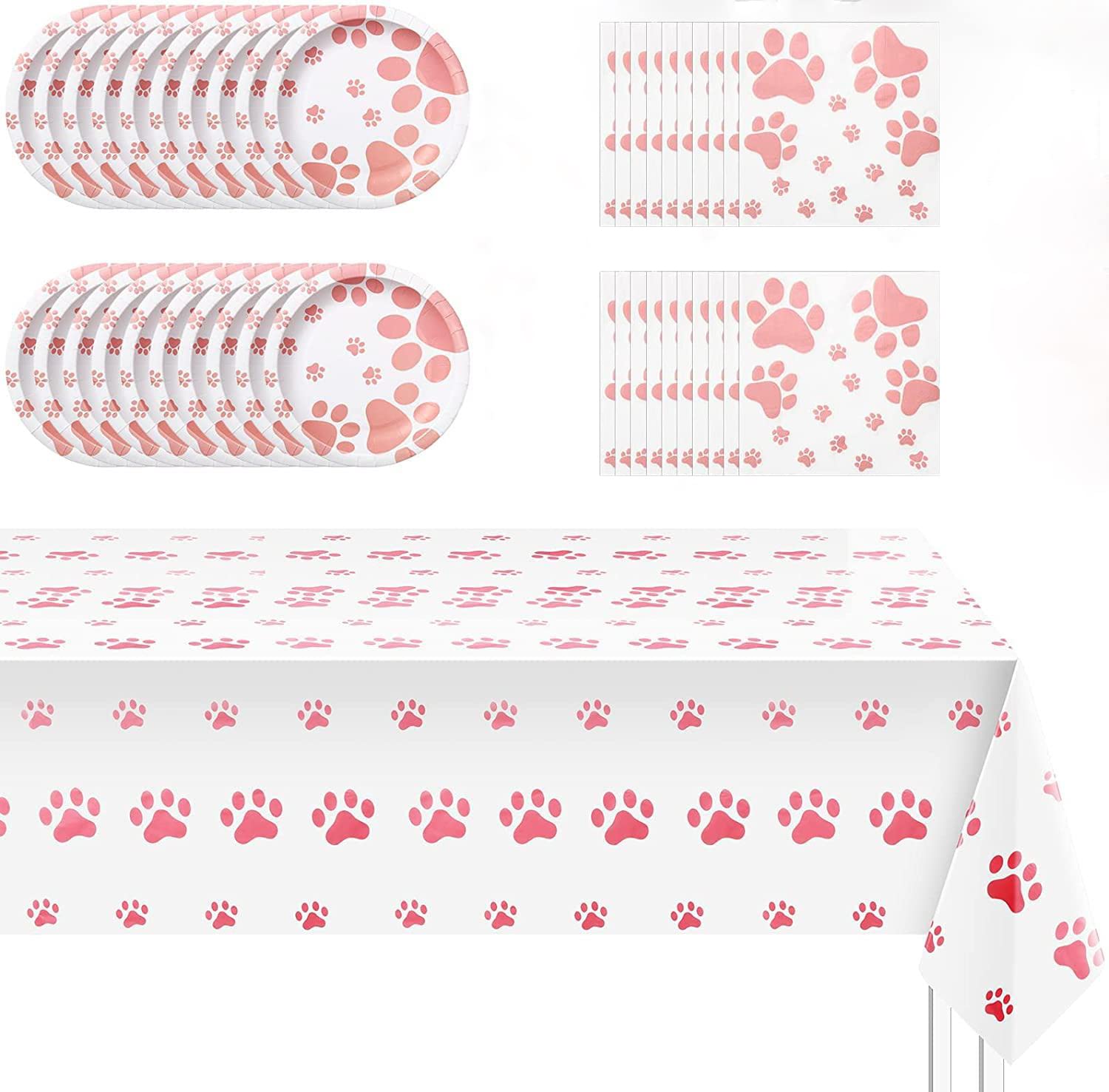 Pink Puppy Party Supplies - Includes 20 Paper Plates, 20 Napkins, 1 Tablecloth - Puppy Theme Birthday Decoration