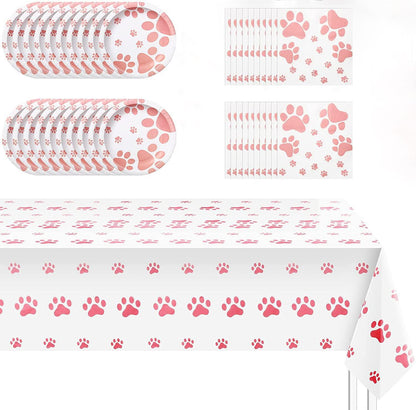 Pink Puppy Party Supplies - Includes 20 Paper Plates, 20 Napkins, 1 Tablecloth - Puppy Theme Birthday Decoration