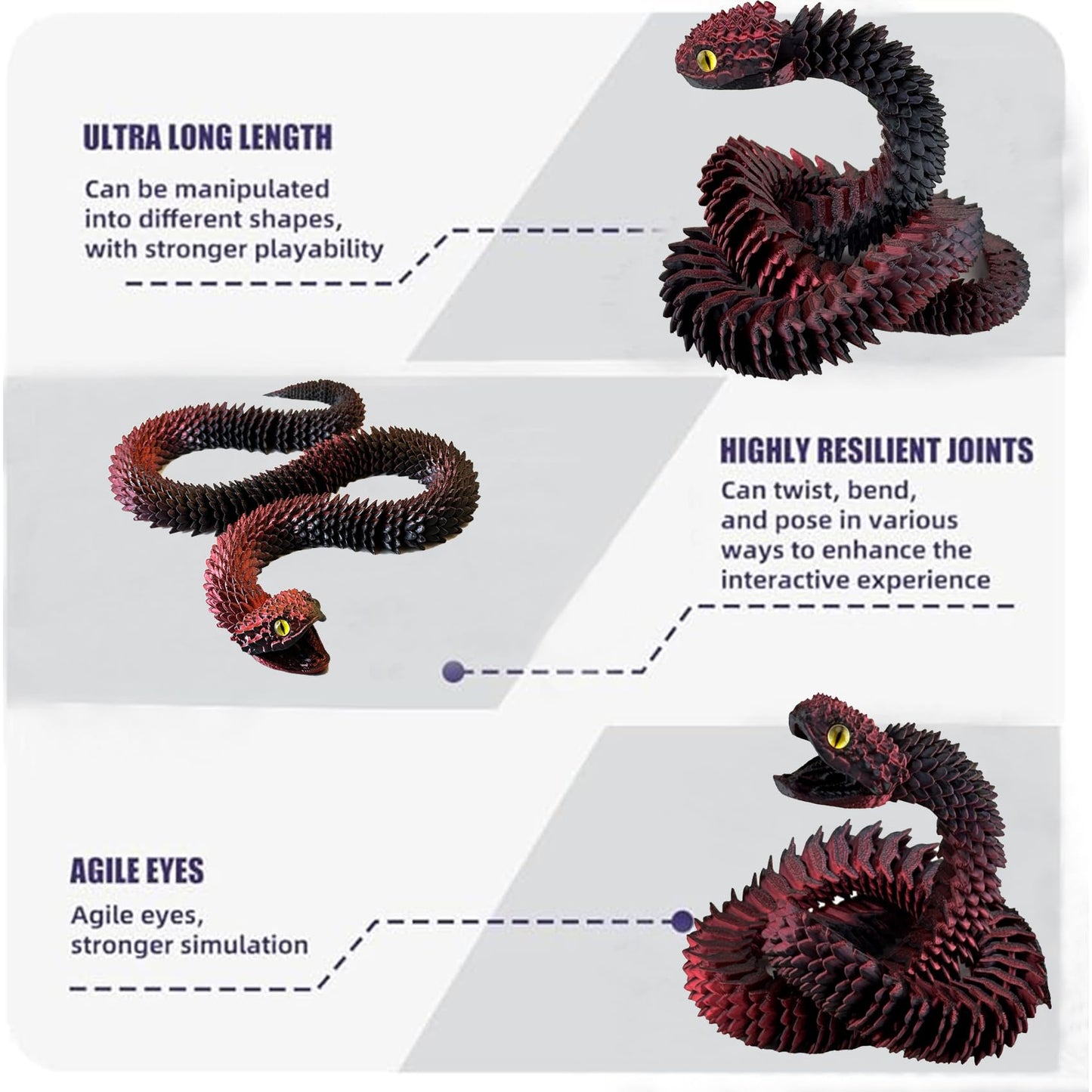 JASSBOOY 24-inch 3D Printed Flexible Serpentine Creature, Glow-in-The-Dark Effect, Articulated Snake Model with Movable Jaw, Toothless Design