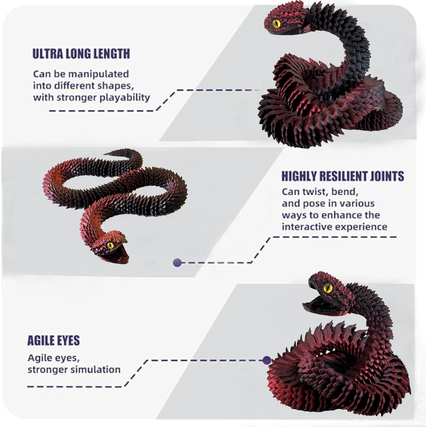 JASSBOOY 24-inch 3D Printed Flexible Serpentine Creature, Glow-in-The-Dark Effect, Articulated Snake Model with Movable Jaw, Toothless Design