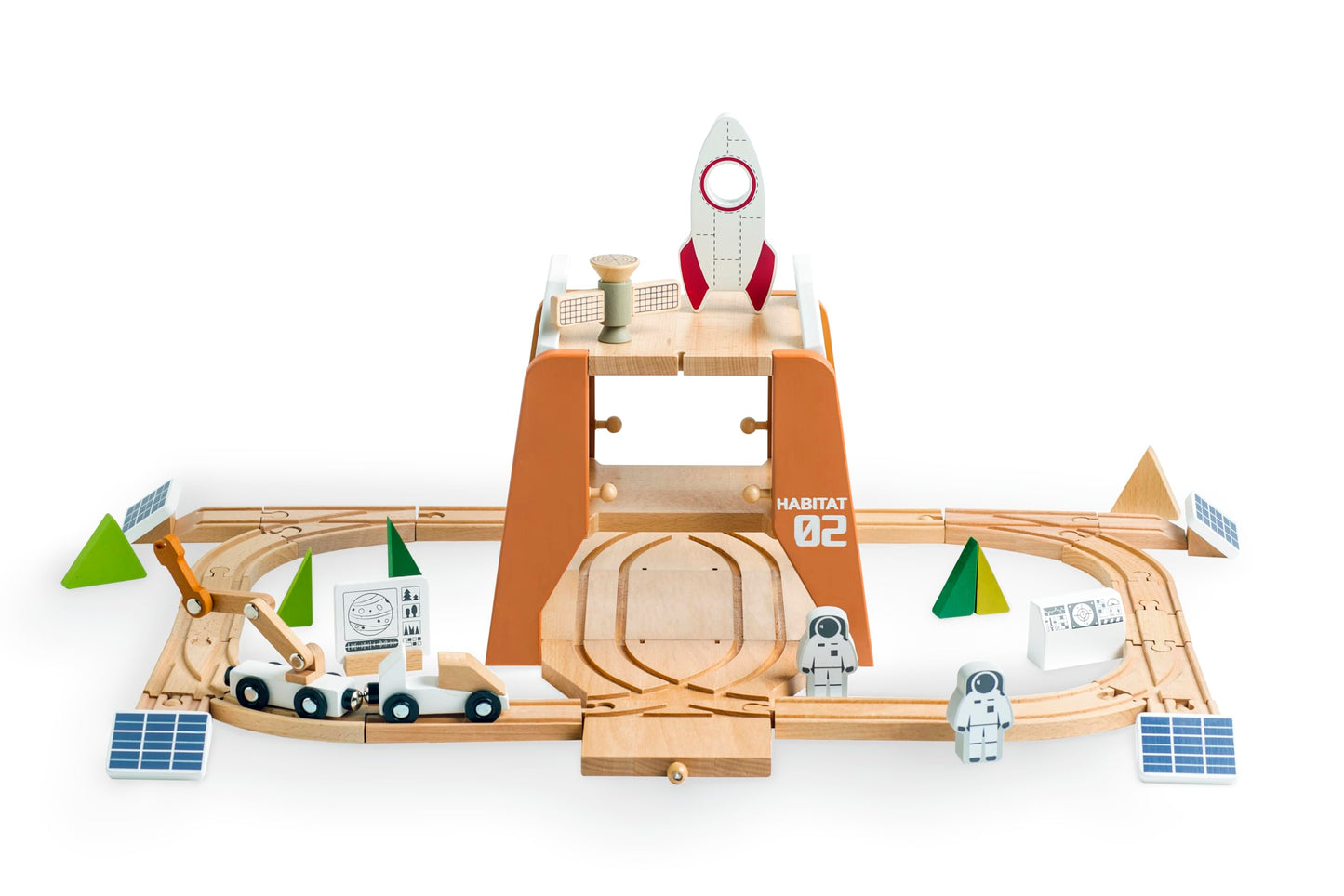 EverEarth Wooden Train Set Space Toys, Wood Train Track Set 39pcs, Mars Explore Base Train Space Station with Rocket and Astronaut for Kids 36m+, FSC