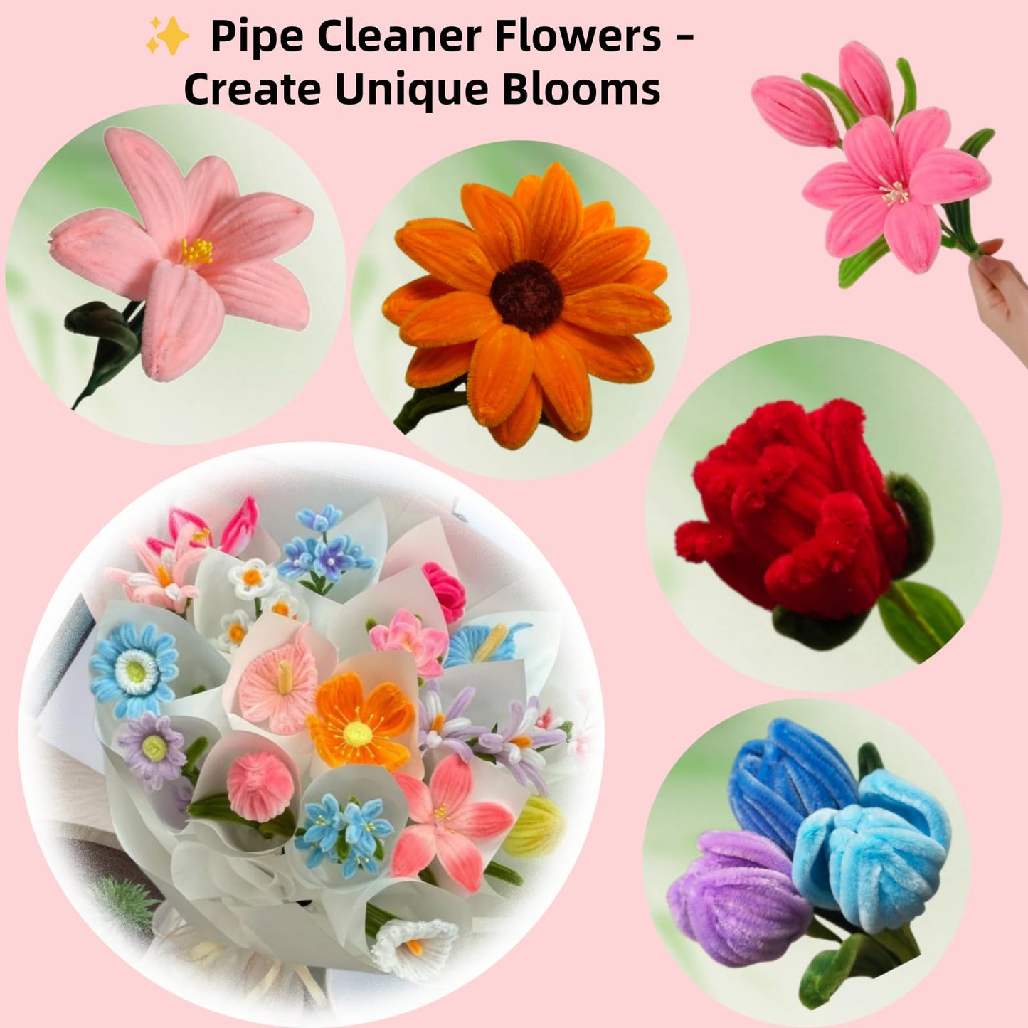 zoqdtu 500 Pcs Pipe Cleaners Flower Craft Kit, 13 Colors 12 in x 7mm