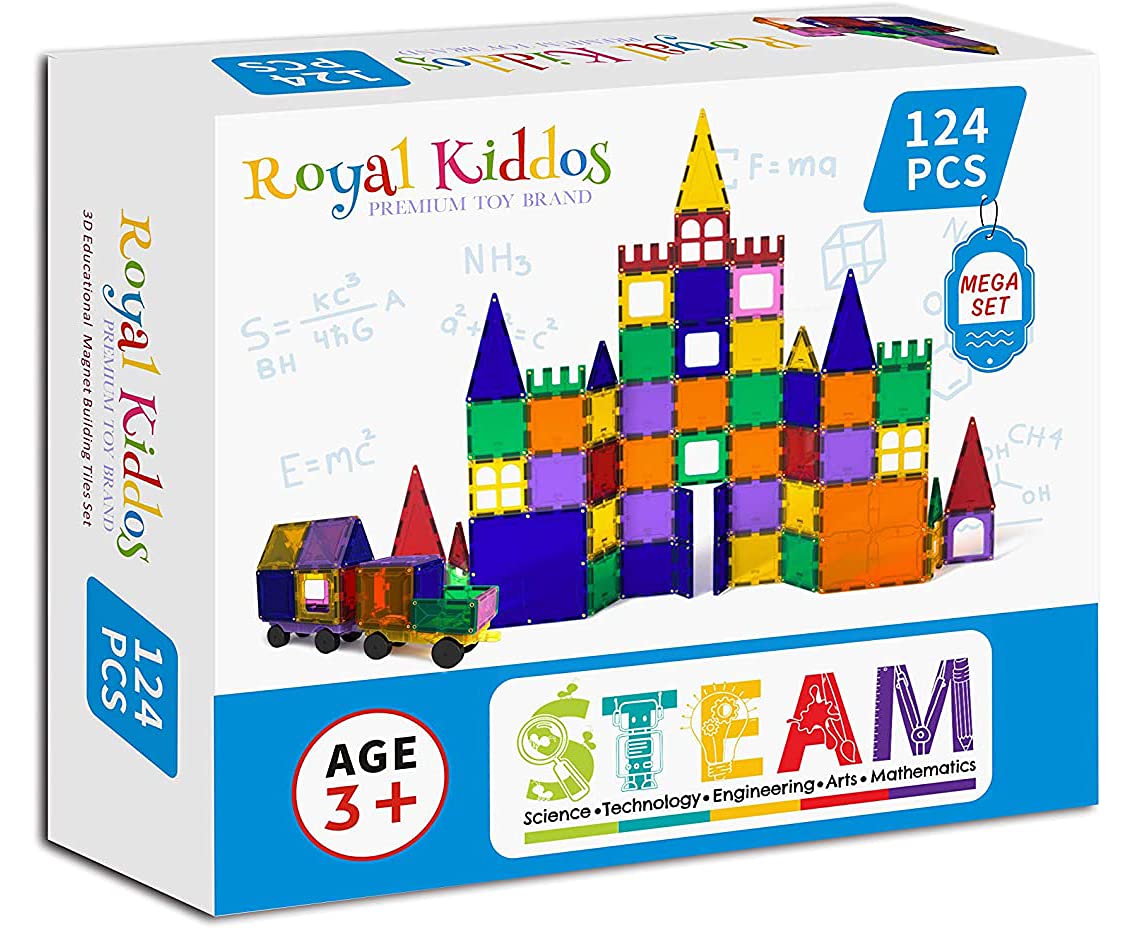 Royal Kiddos - 124 PCS with 2 Cars - Magnetic Building Blocks Toys for Kids - Magnetic Tiles Building Set for Toddlers - Magnet Toys for Children