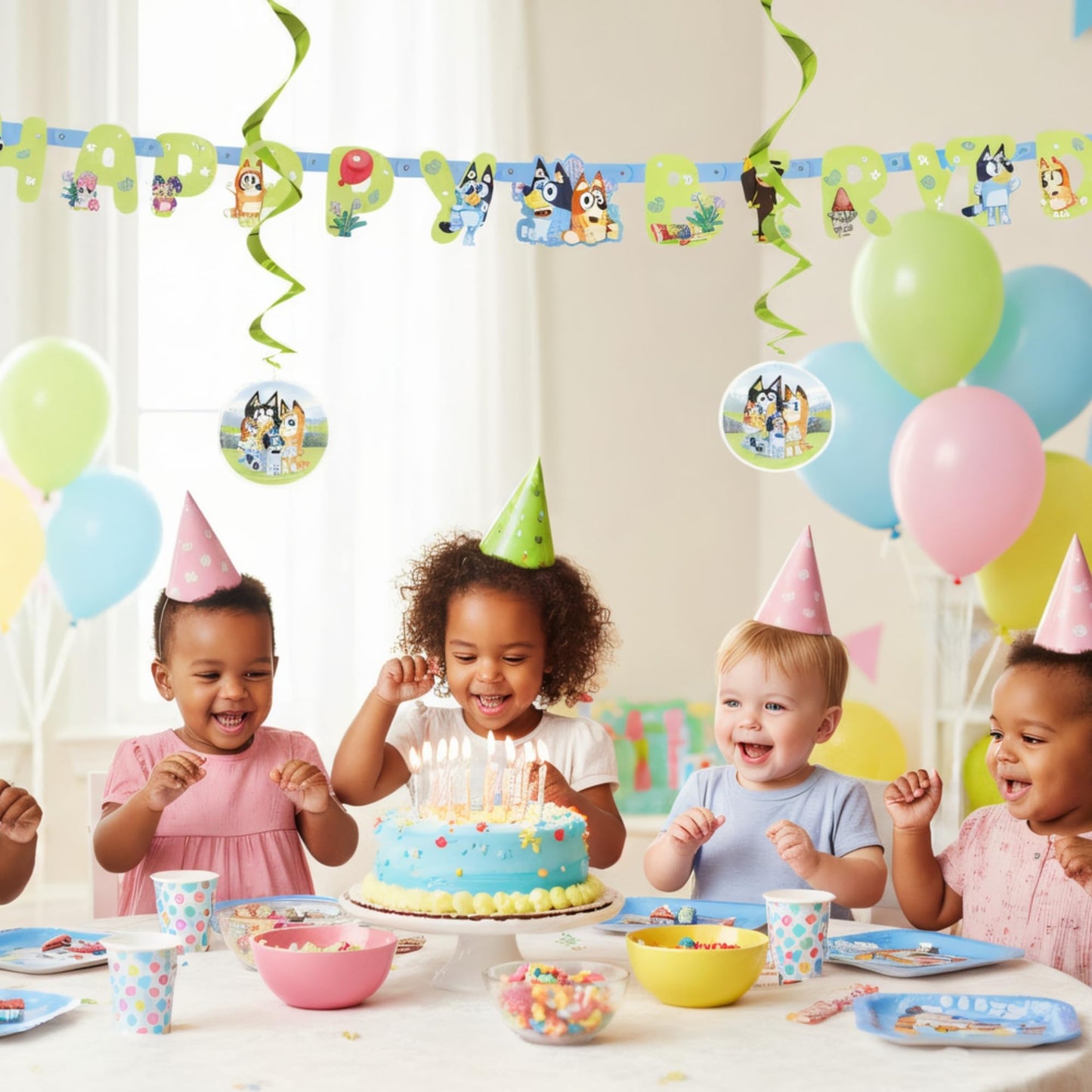 Bluey Birthday Banner and 6 Hanging Swirls | Bluey Birthday Decorations | Party Supplies | Officially Licensed