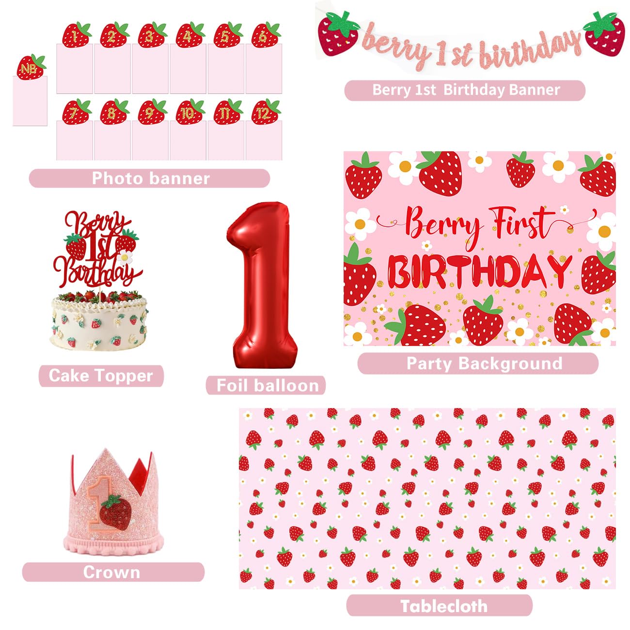 Berry Baby Girl 1st Birthday Decor, Strawberry First Birthday Decorations for Girls with Balloon Arch, Party Backdrop,Photo Banners,Cupcake