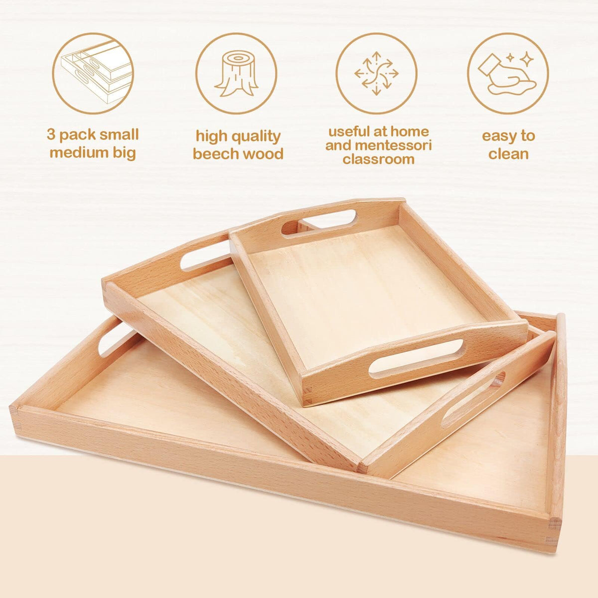 Montessori Wooden Trays with Handles, 3 Pack Small Medium Big Quality Wood Tray for Toddlers and Kids Montessori Activities, Trays to Store Toys