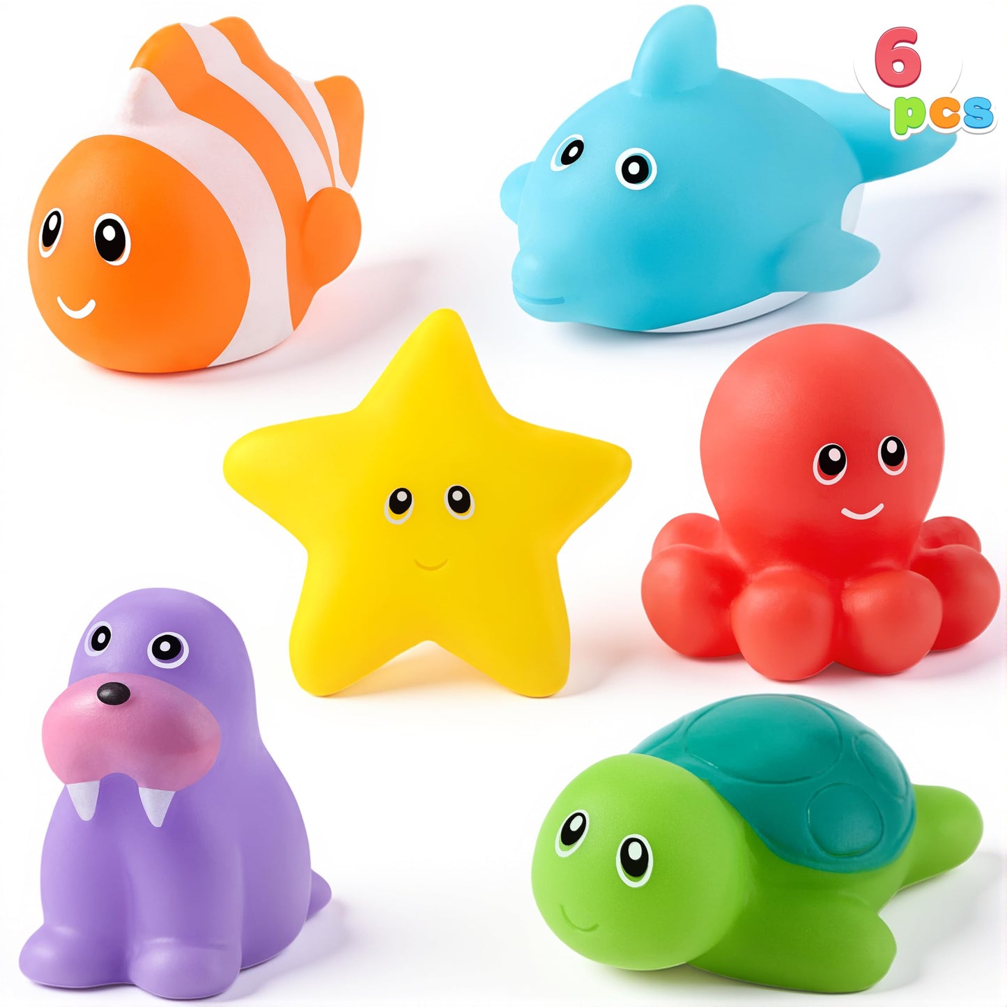 JOYIN 6 Pcs Sea Animal Bath Toys, Sealed & No-Hole & Mold Free Bathtub Toys for Kids, Non-Toxic & Soft Water Vehicles Toys, Squeezable & Float on