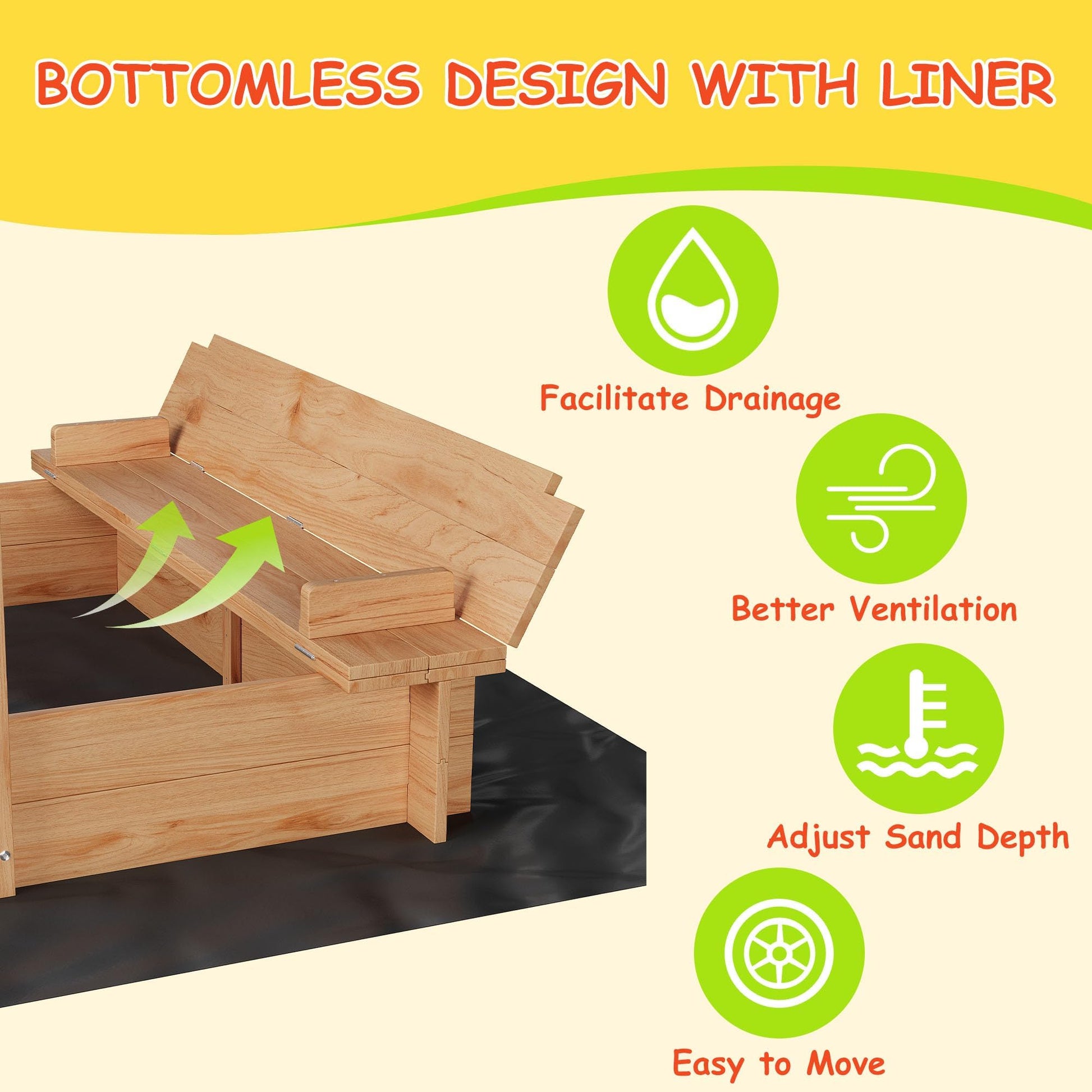Wooden Sandbox with Lid＆Cover, Outdoor Sand Box with 2 Bench Seats, Rotatable Canopy, Adjustable Height & Bottom Liner for Ages 3-8, Spacious Kids