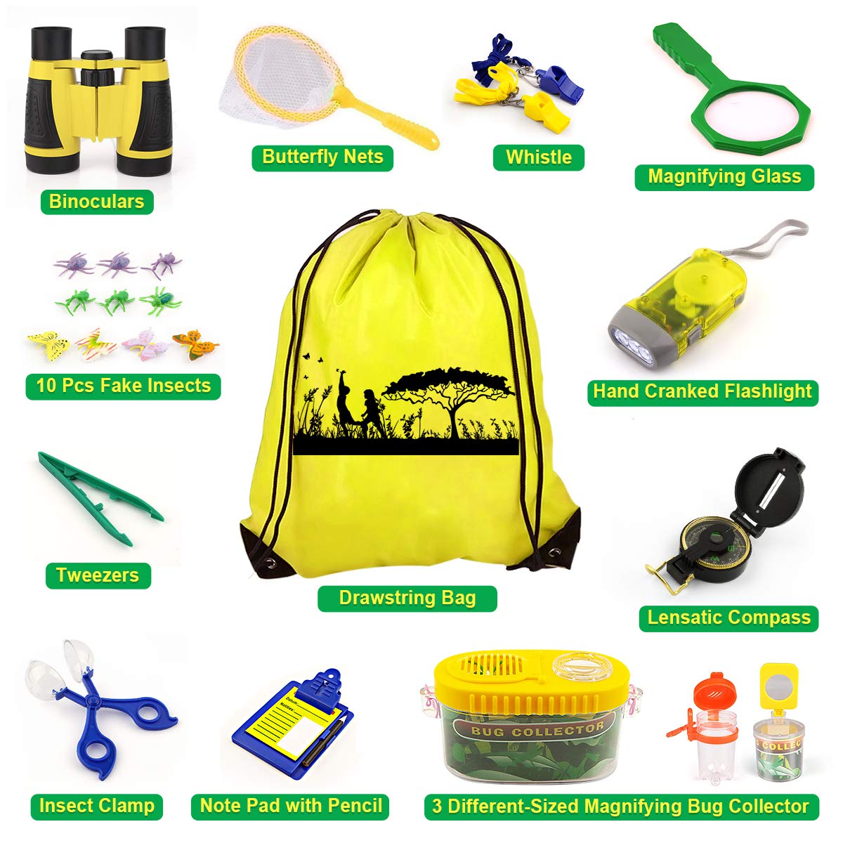 24 Pcs Kids Explorer Kit & Bug Catcher Kit for Kids, Outdoor Toys Adventure Camping Kit with Drawstring Bag, Binoculars, Compass, Butterfly Net